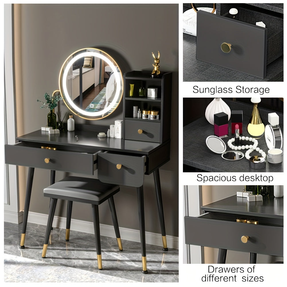 Chrangmay Makeup Vanity Desk with Mirror and Lights, Vanity Table Set with Storage Drawer & Chair & 3 Shelves, Bedroom