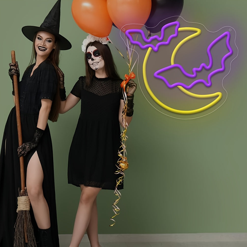 1pc Halloween Decorations Neon Signs, Moon And Bat LED Light, Neon Light Up Halloween Party, USB Powerd Gothic Neon Lamp For Festival Wall Decor, Bar, Bedroom