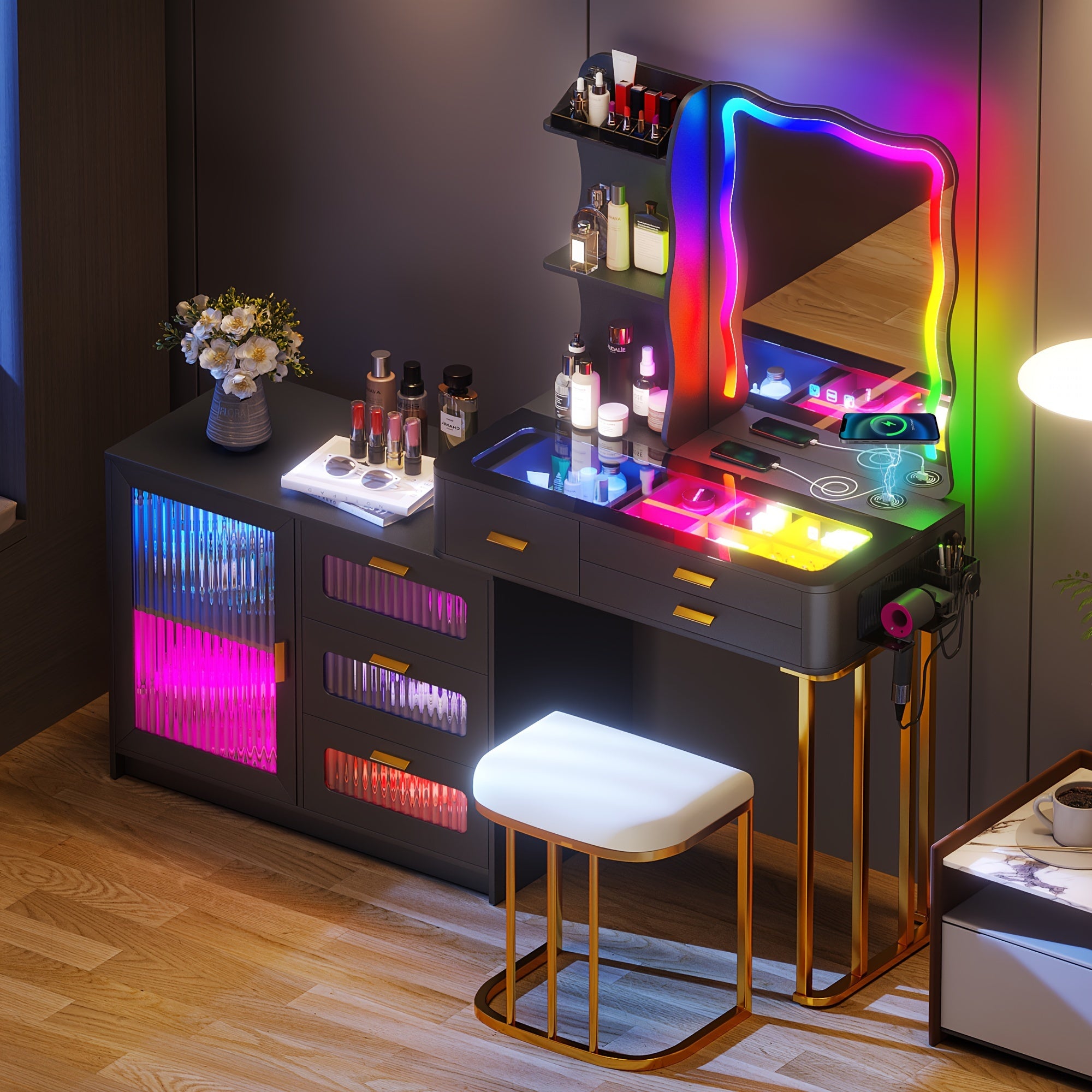 Lvifur RGB Makeup Vanity Desk with Lights, Glass Top Vanity Table with 24 Color Dimmable Lights, Large Vanity Set with 8 Drawers, Dressing Table with Cushioned Stool, Black