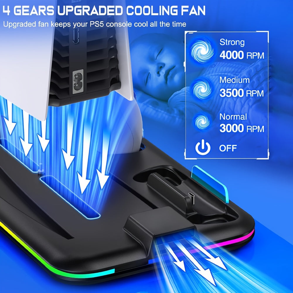 RGB PS5 Cooling Stand & Rapid Charger - High-Performance Fan, Dual Dock, Compatible with Disc & Digital Edition, Complete Set including Headset Stand, 6 Game Slots, Screws & Dust Cover