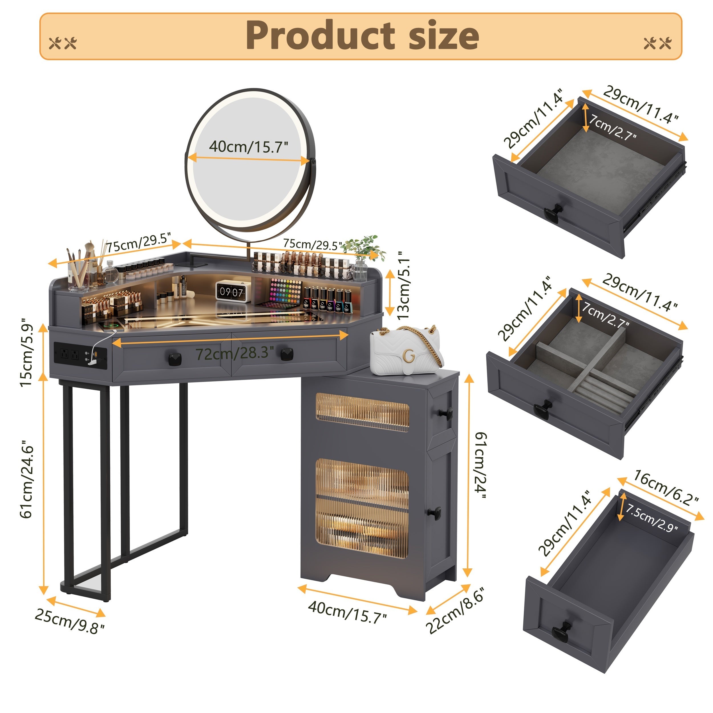 [Corner Vanity With Mirror Lights] FREDEES Corner Vanity With Mirror And Lights, Modern Makeup Vanity Set With Charging Station For Bedroom/Cloakroom, Glass Top Vanity Table With Drawers And Shelves, Grey