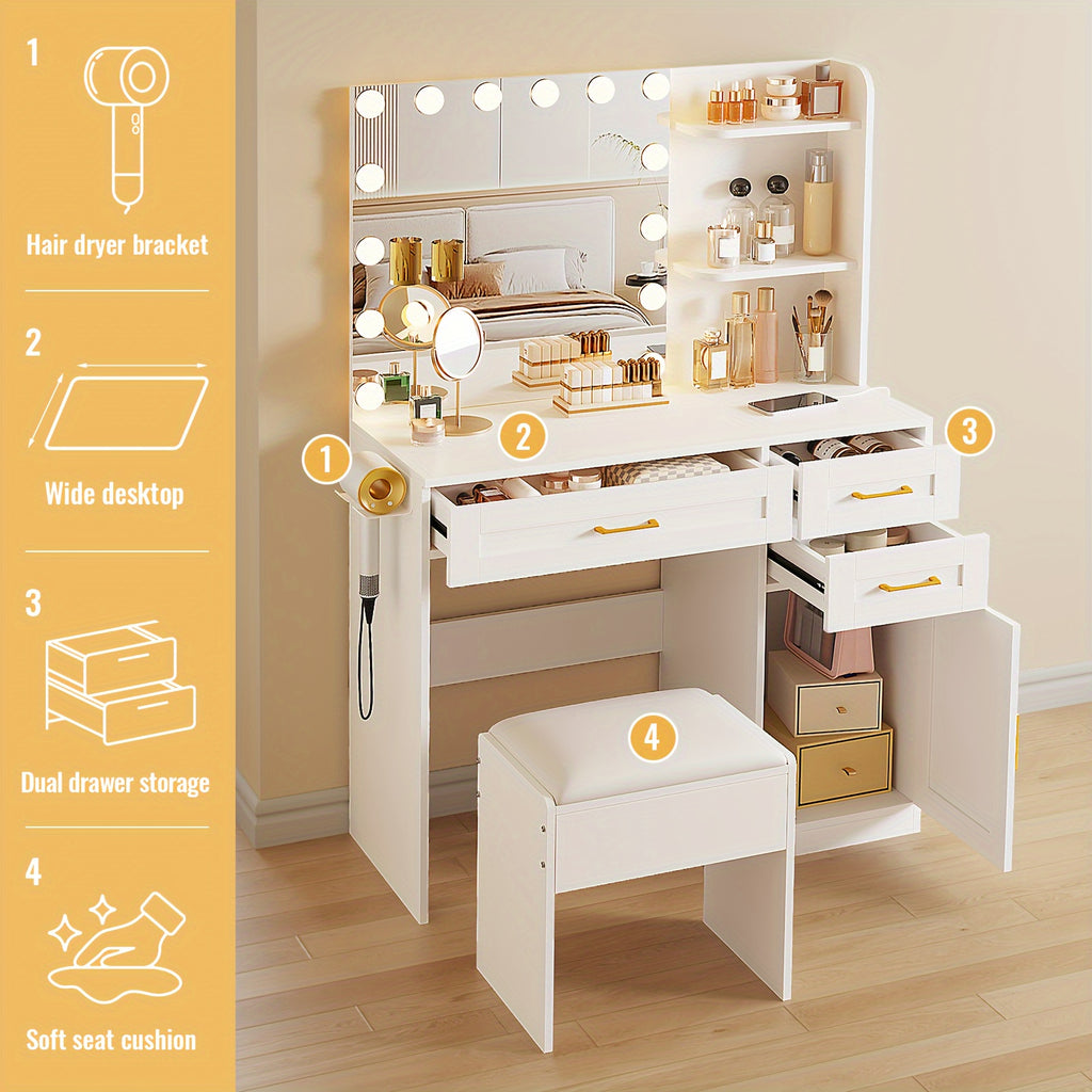 Vanity Desk with Lights, Makeup Vanity Desk with Mirror & Power Outlet, 3 Colors Lighting Adjustable Brightness, easy to assemble following the step-by-step instructions, 3 Drawers, White