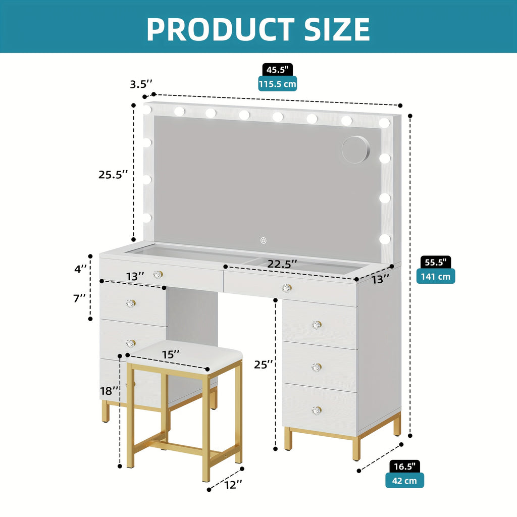 Xelsyo Vanity Table Set with 3 Color Lighted Mirror & 8 Drawers, Modern Makeup Desk with Charging Station & Stool, Makeup Vanity Dressing Table for Bedroom for Women Girls, White & Gold