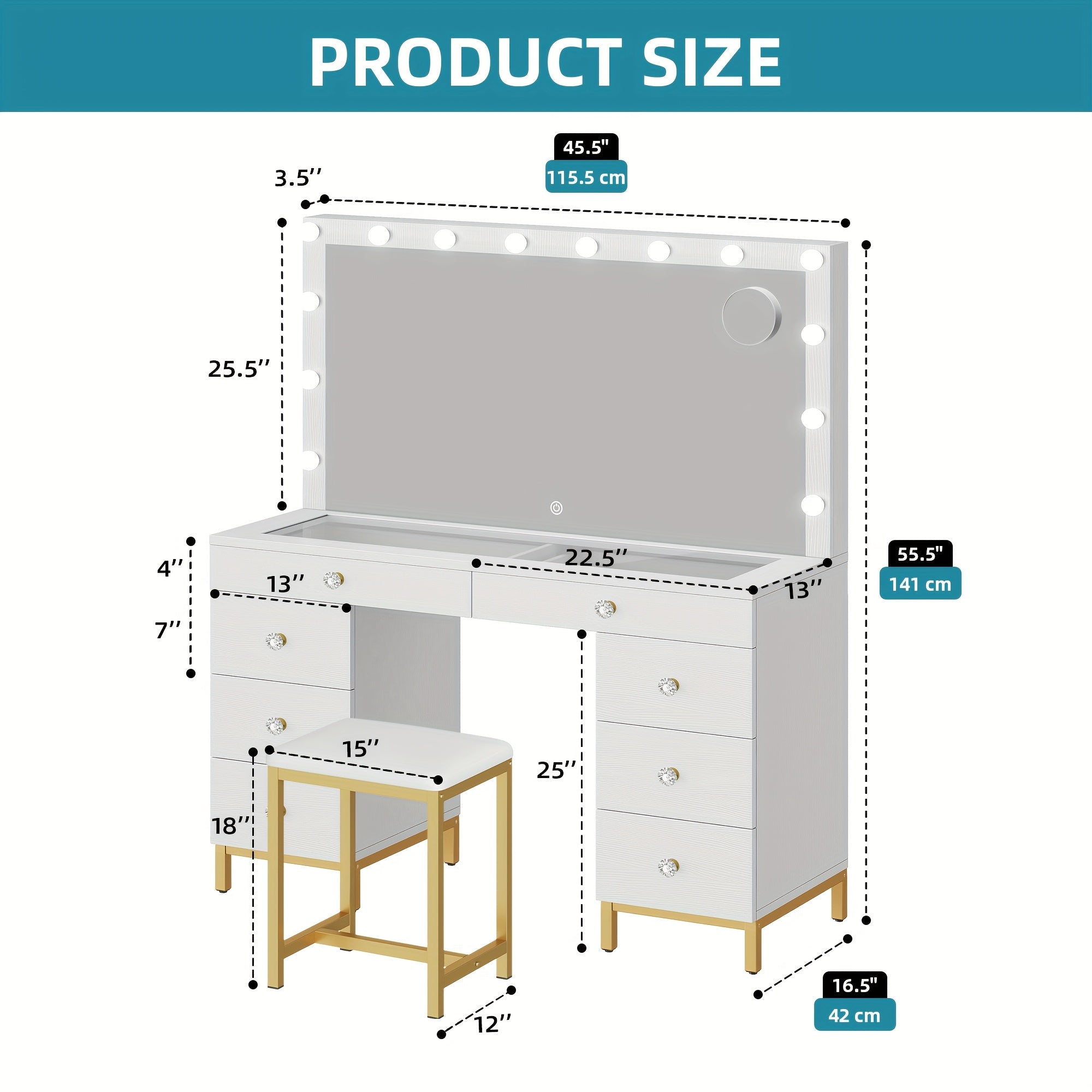 Xelsyo Vanity Table Set with 3 Color Lighted Mirror & 8 Drawers, Modern Makeup Desk with Charging Station & Stool, Makeup Vanity Dressing Table for Bedroom for Women Girls, White & Gold