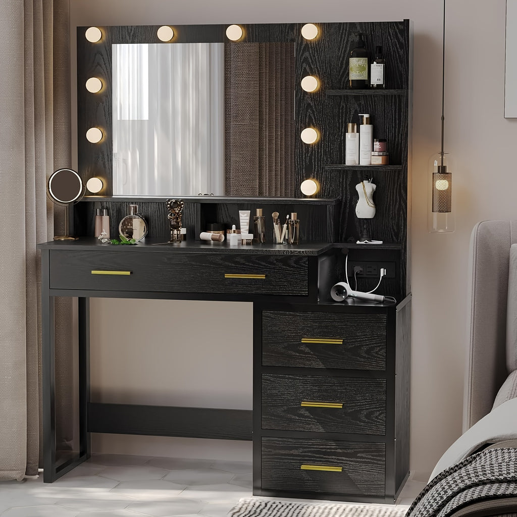 Luxurious Black Makeup Vanity Table with Storage - 3 Lighting Modes, USB Ports, Outlets, and Spacious Drawers - Perfect for Beauty Enthusiasts and Professionals