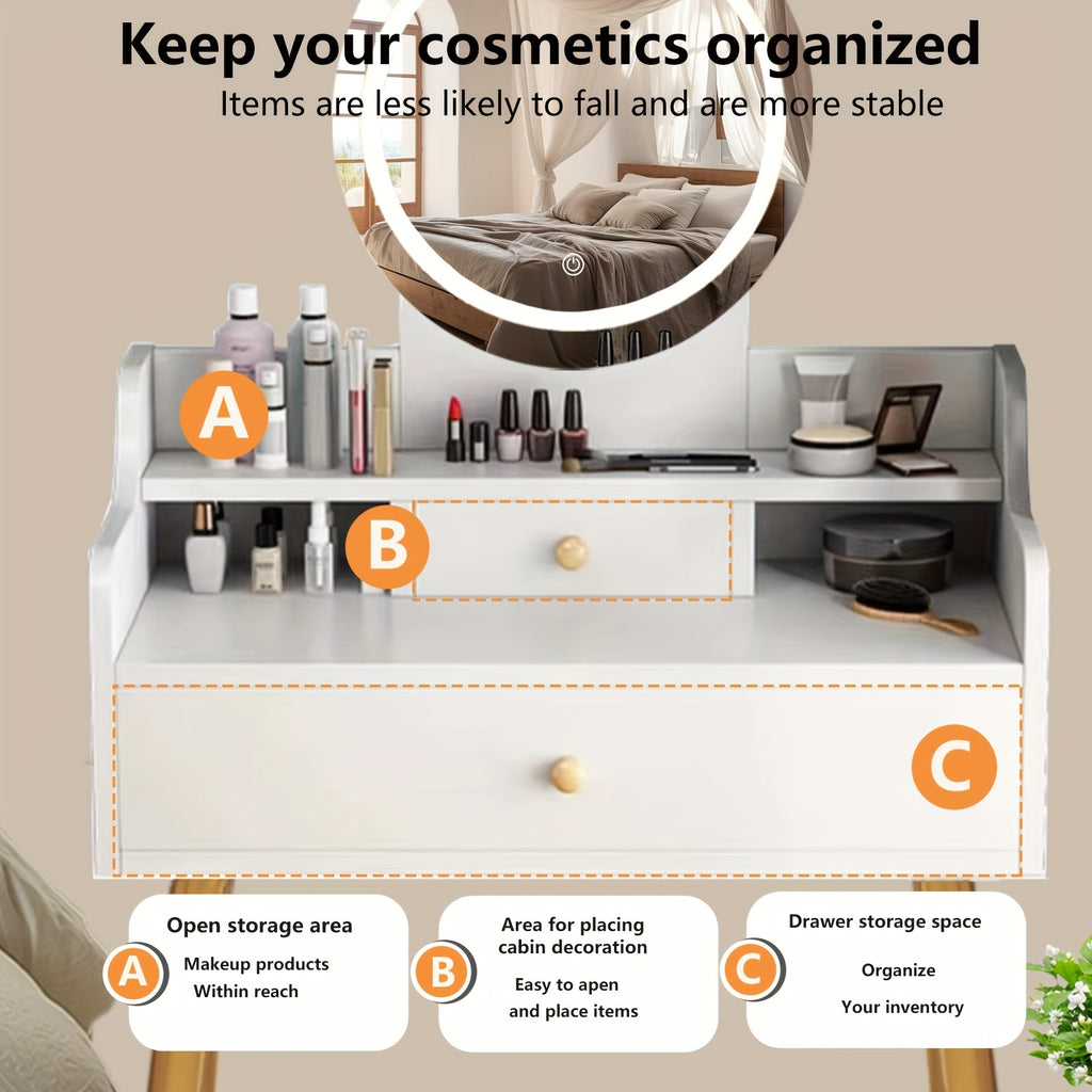 Vanity Desk With Lights With Mirror And Lights, 3 Lighting Modes, Dressing Table With Drawers, Multifunctional Makeup Vanity Table For Women Girls Bedroom Small Space