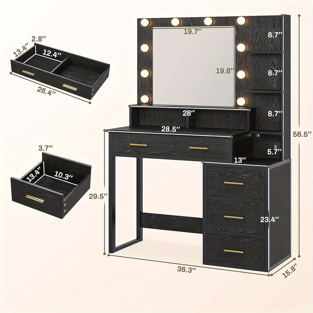 Luxurious Black Makeup Vanity Table with Storage - 3 Lighting Modes, USB Ports, Outlets, and Spacious Drawers - Perfect for Beauty Enthusiasts and Professionals