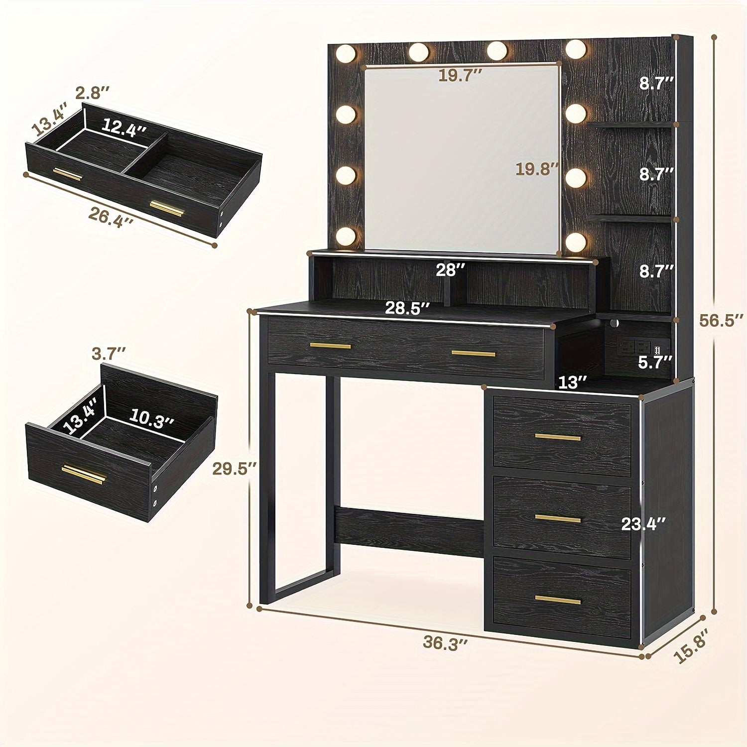 Luxurious Black Makeup Vanity Table with Storage - 3 Lighting Modes, USB Ports, Outlets, and Spacious Drawers - Perfect for Beauty Enthusiasts and Professionals