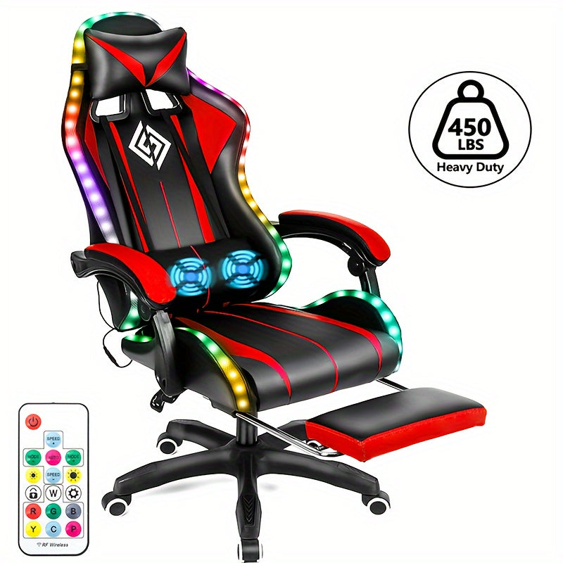 RGB Gaming Chair with LED Lights and Massage Ergonomic Computer Chair High Back Video Game Chair with Footrest and Adjustable Lumbar Support Linkage Armrest