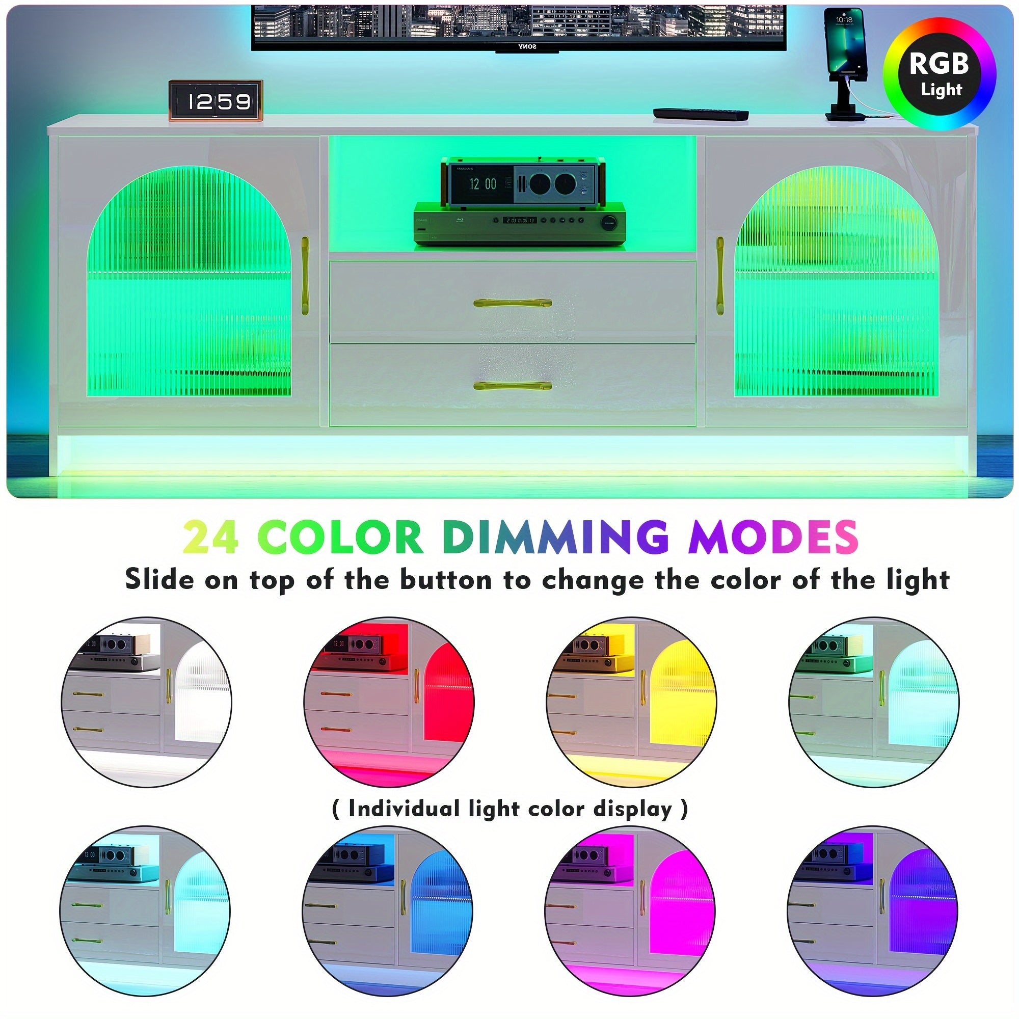 RGB TV Stand with Wireless Charging Station for TVs up to 75 Inch, Human Sensor LED TV Cabinet with USB&Type-C Ports, 24 Color Dimmable Television Stand with Drawers & Storage Cabinet