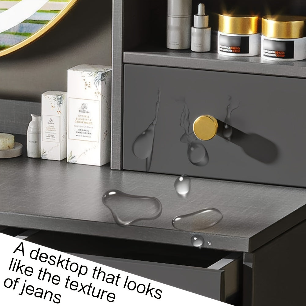 Chrangmay Makeup Vanity Desk with Mirror and Lights, Vanity Table Set with Storage Drawer & Chair & 3 Shelves, Bedroom