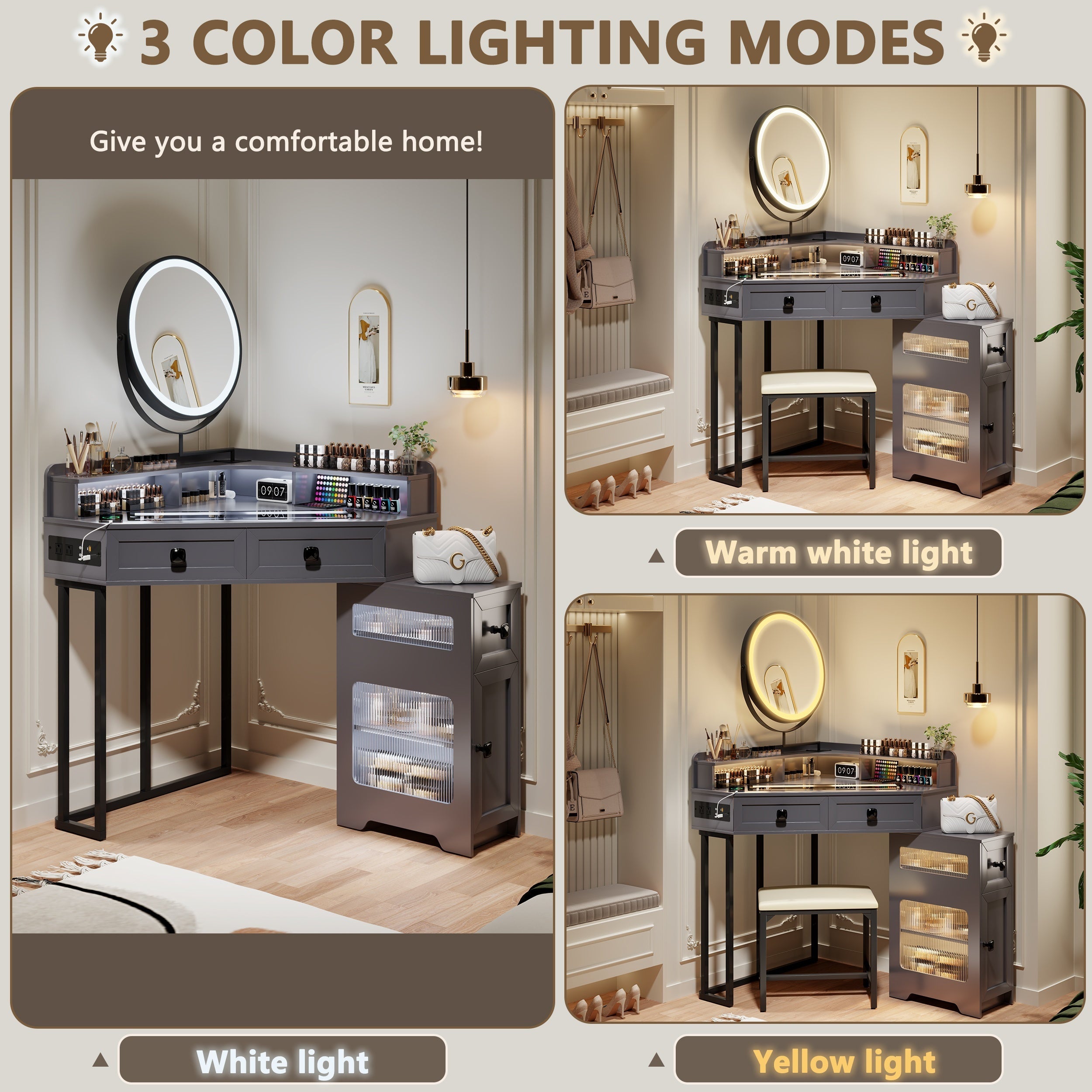 [Corner Vanity With Mirror Lights] FREDEES Corner Vanity With Mirror And Lights, Modern Makeup Vanity Set With Charging Station For Bedroom/Cloakroom, Glass Top Vanity Table With Drawers And Shelves, Grey