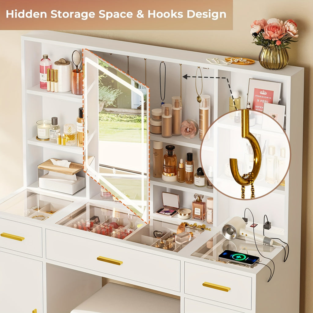 3 Drawers & 2 Cabinets White Vanity Table With Glass Tabletop, Openable Mirror And Lights, Charging Station, DIY Drawer Dividers, Hidden Hooks Makeup Vanity Set