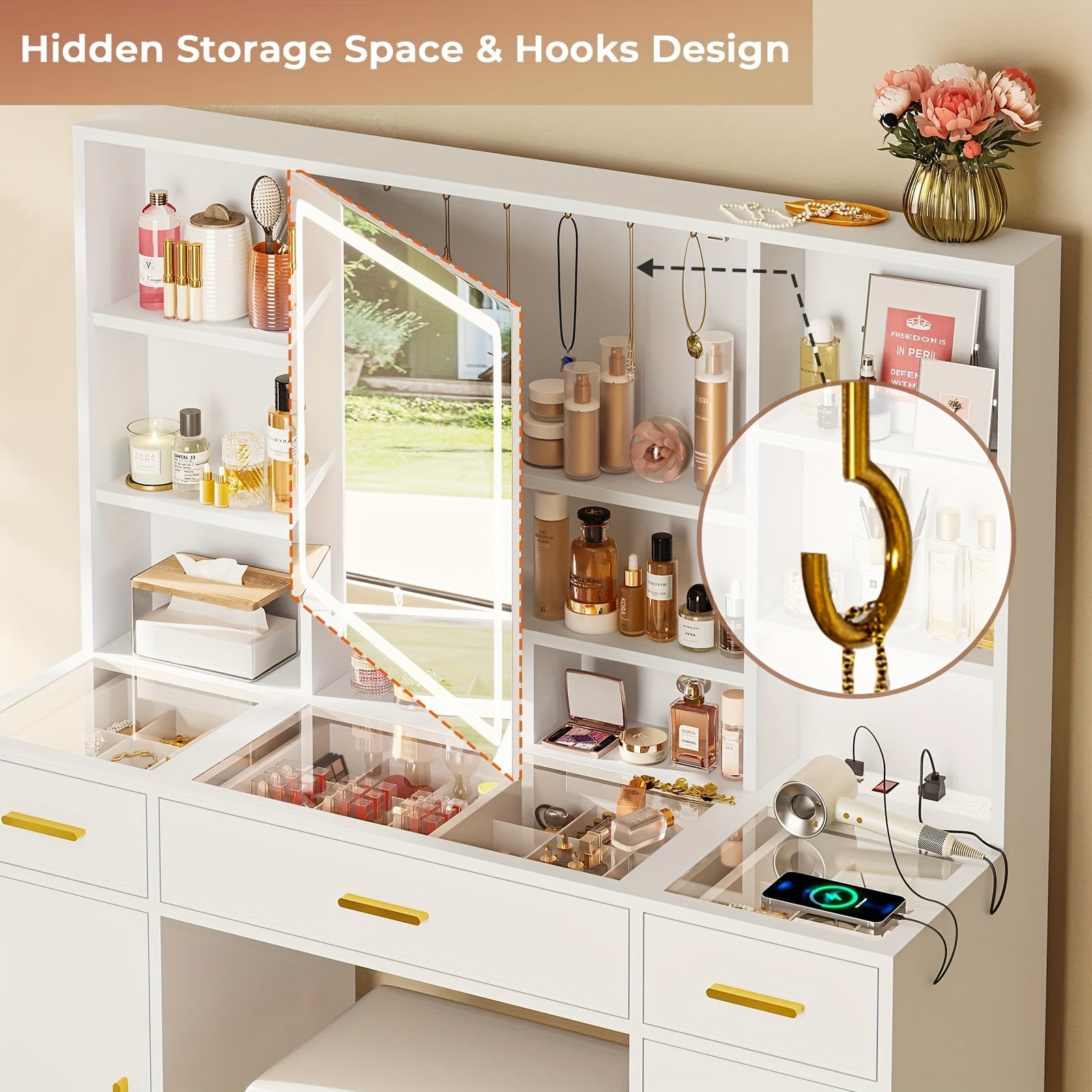 3 Drawers & 2 Cabinets White Vanity Table With Glass Tabletop, Openable Mirror And Lights, Charging Station, DIY Drawer Dividers, Hidden Hooks Makeup Vanity Set