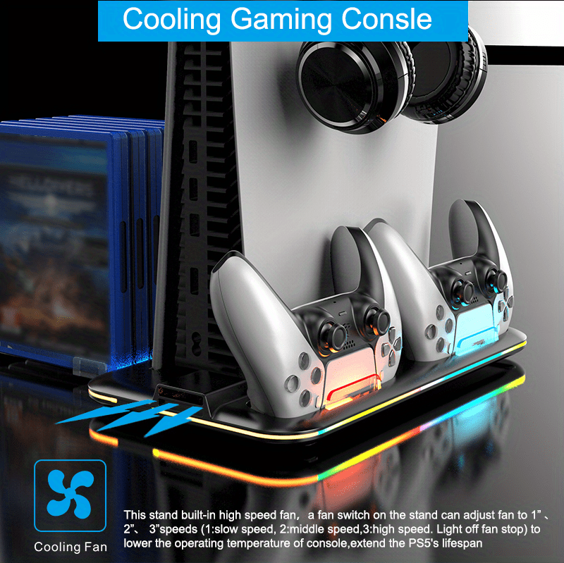 RGB PS5 Cooling Stand & Rapid Charger - High-Performance Fan, Dual Dock, Compatible with Disc & Digital Edition, Complete Set including Headset Stand, 6 Game Slots, Screws & Dust Cover