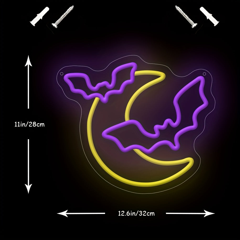 1pc Halloween Decorations Neon Signs, Moon And Bat LED Light, Neon Light Up Halloween Party, USB Powerd Gothic Neon Lamp For Festival Wall Decor, Bar, Bedroom