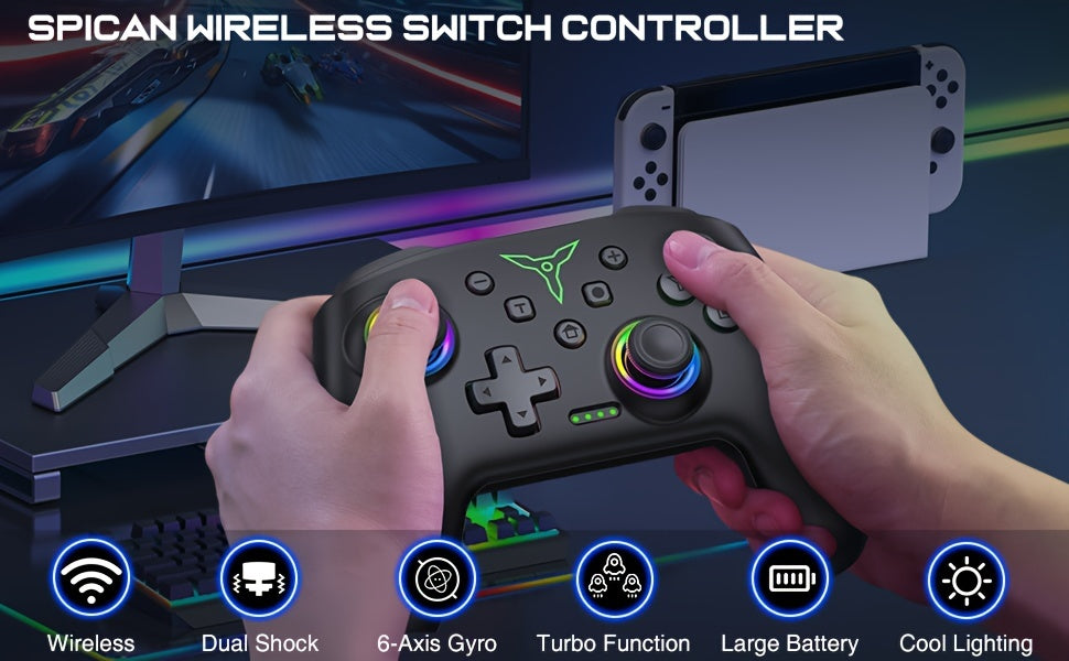 RGB Wireless Pro Controller For Nintendo Switch - Vibrant Lights, Programmable Buttons, Turbo Boost, OLED Compatible - For Gaming Experience