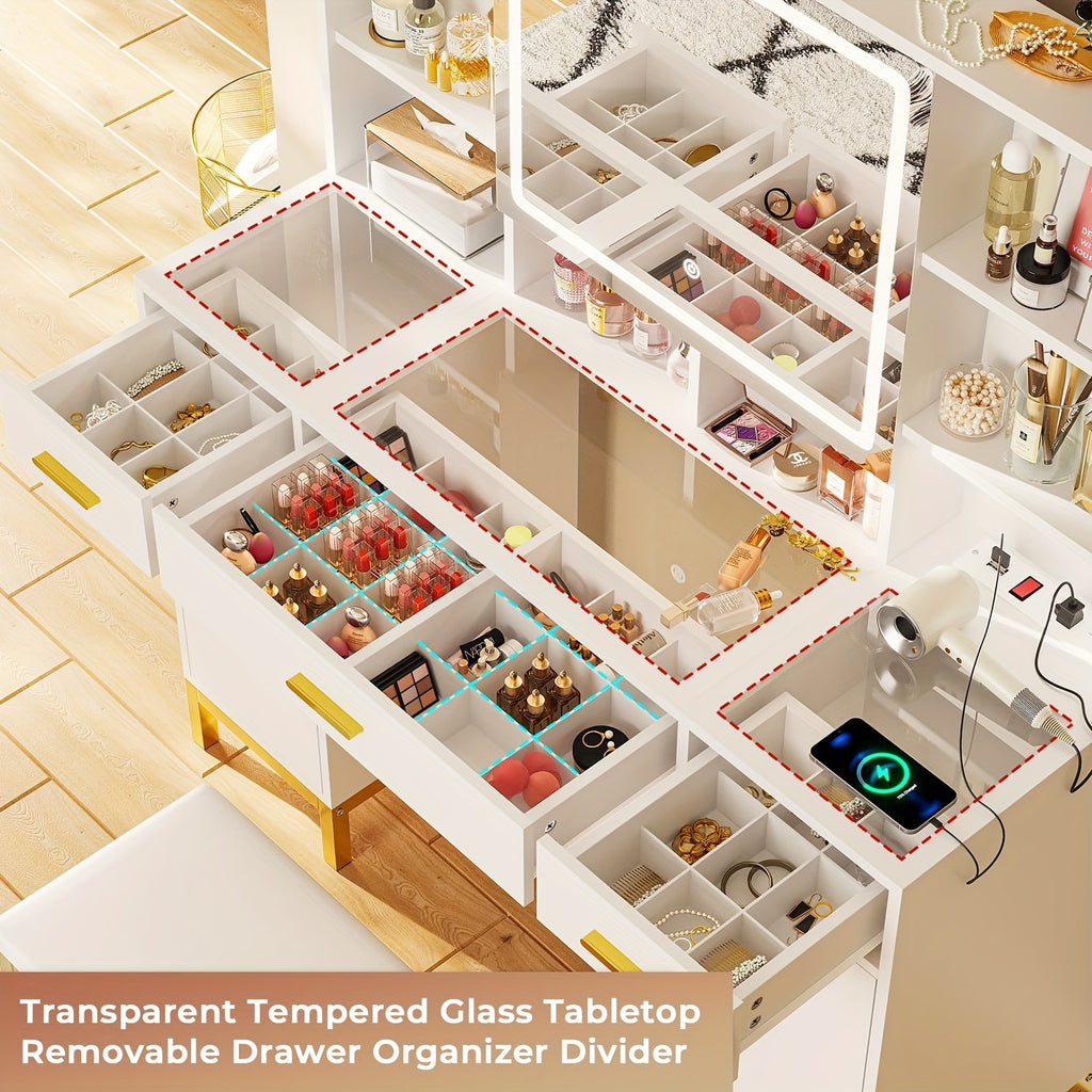 3 Drawers & 2 Cabinets White Vanity Table With Glass Tabletop, Openable Mirror And Lights, Charging Station, DIY Drawer Dividers, Hidden Hooks Makeup Vanity Set