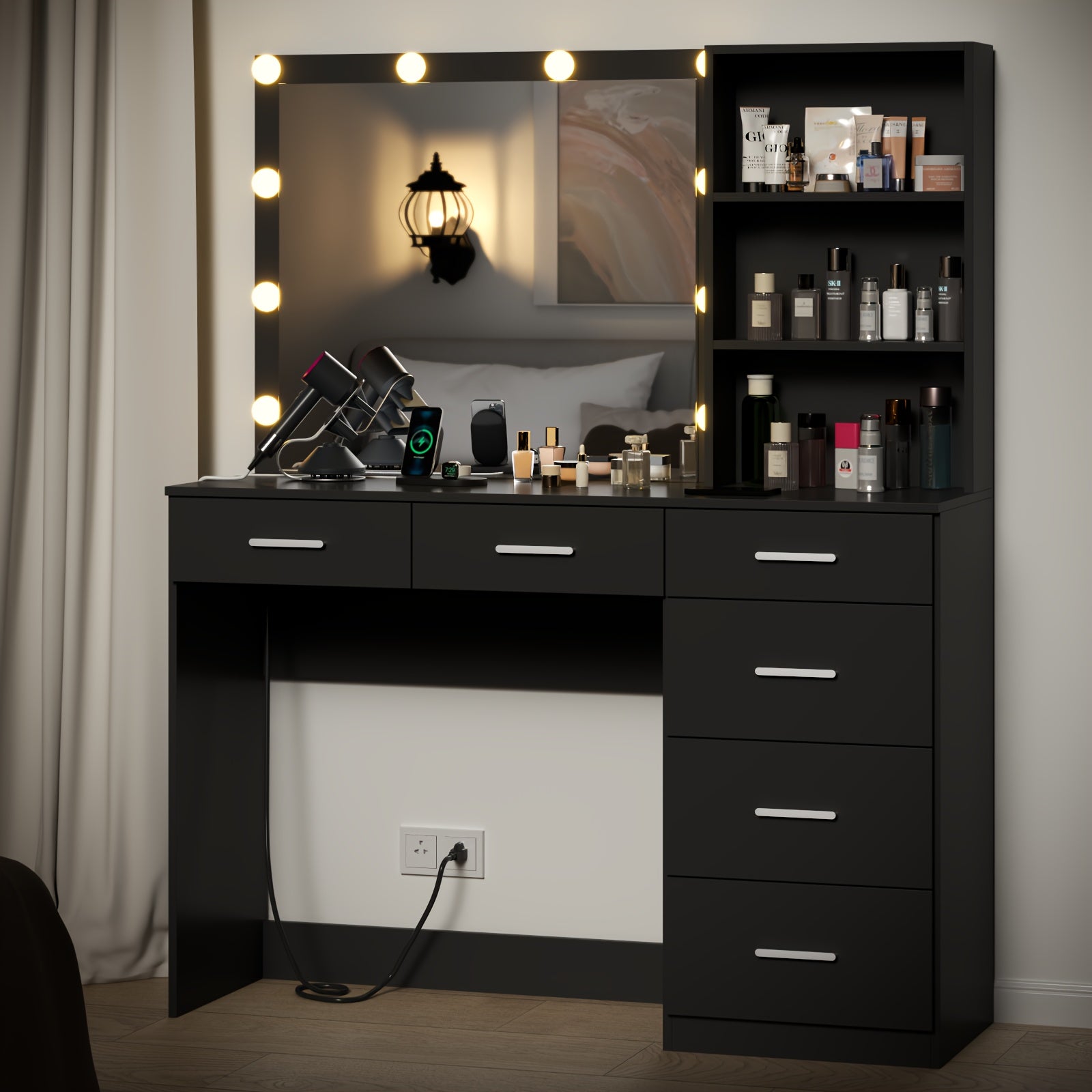 Vanity Desk with Lights, 6-Drawers Makeup Vanity Table with  Socket Outlet and Storage Shelves, Dressing Table with Lighted Mirror for Women Girls