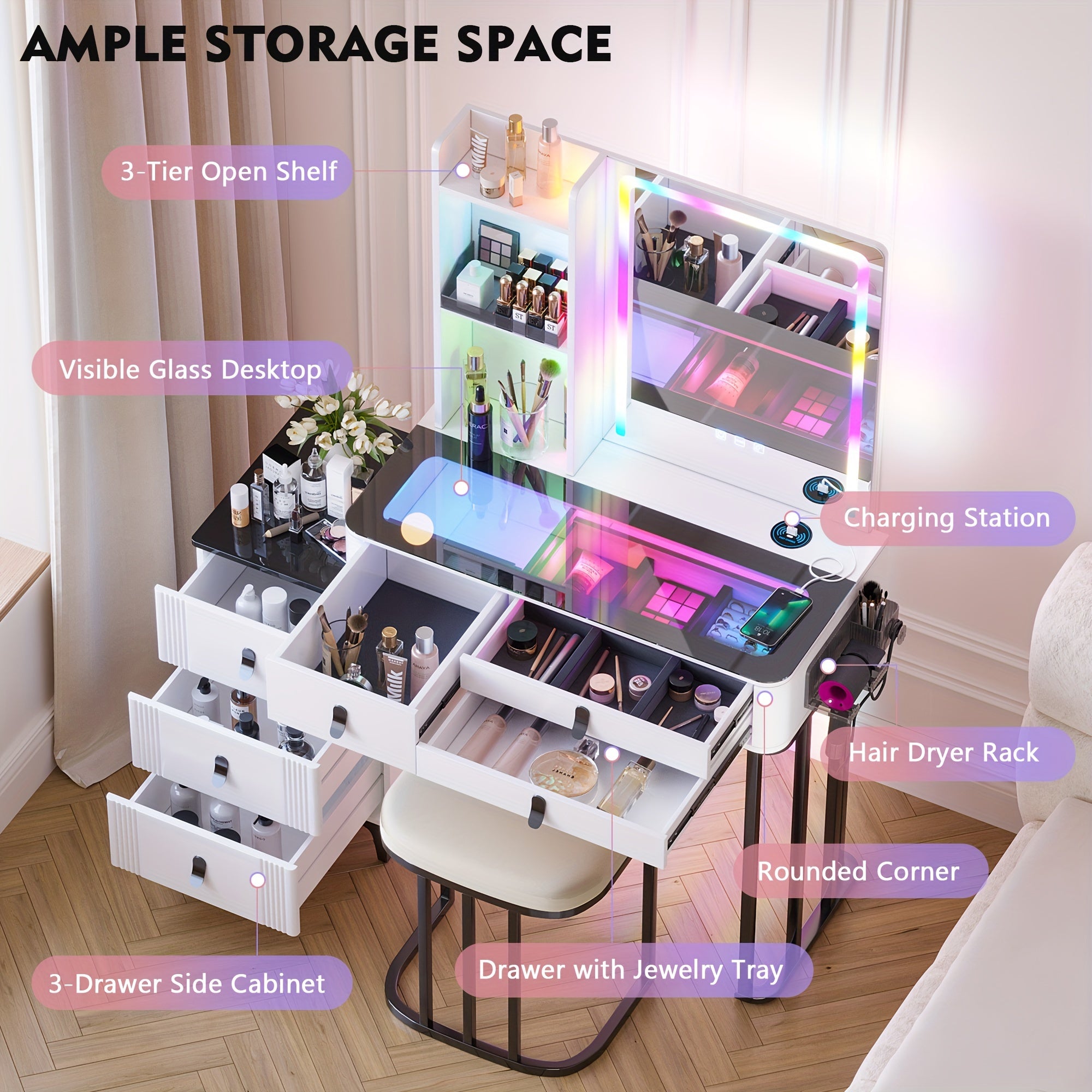 RGB Makeup Vanity Desk with Mirror and Lights, 7 Dynamic&7 Static Dimmable Vanity Table Set with Wireless Charging Station, Make up Vanity with Stool, Glass Top, 3-Tier Shelf, 6 Drawers