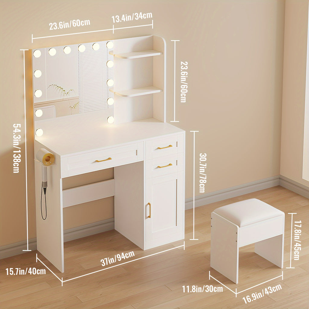 Vanity Desk with Lights, Makeup Vanity Desk with Mirror & Power Outlet, 3 Colors Lighting Adjustable Brightness, easy to assemble following the step-by-step instructions, 3 Drawers, White