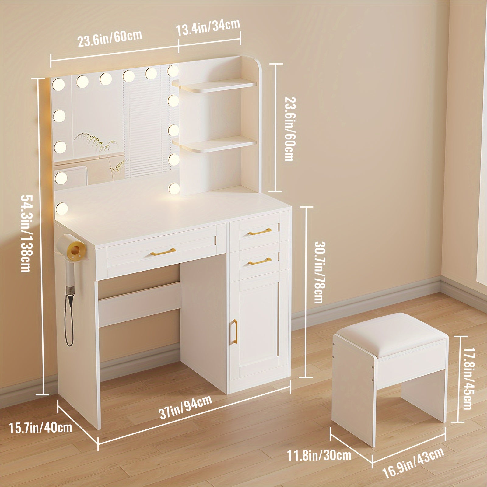 Vanity Desk with Lights, Makeup Vanity Desk with Mirror & Power Outlet, 3 Colors Lighting Adjustable Brightness, easy to assemble following the step-by-step instructions, 3 Drawers, White