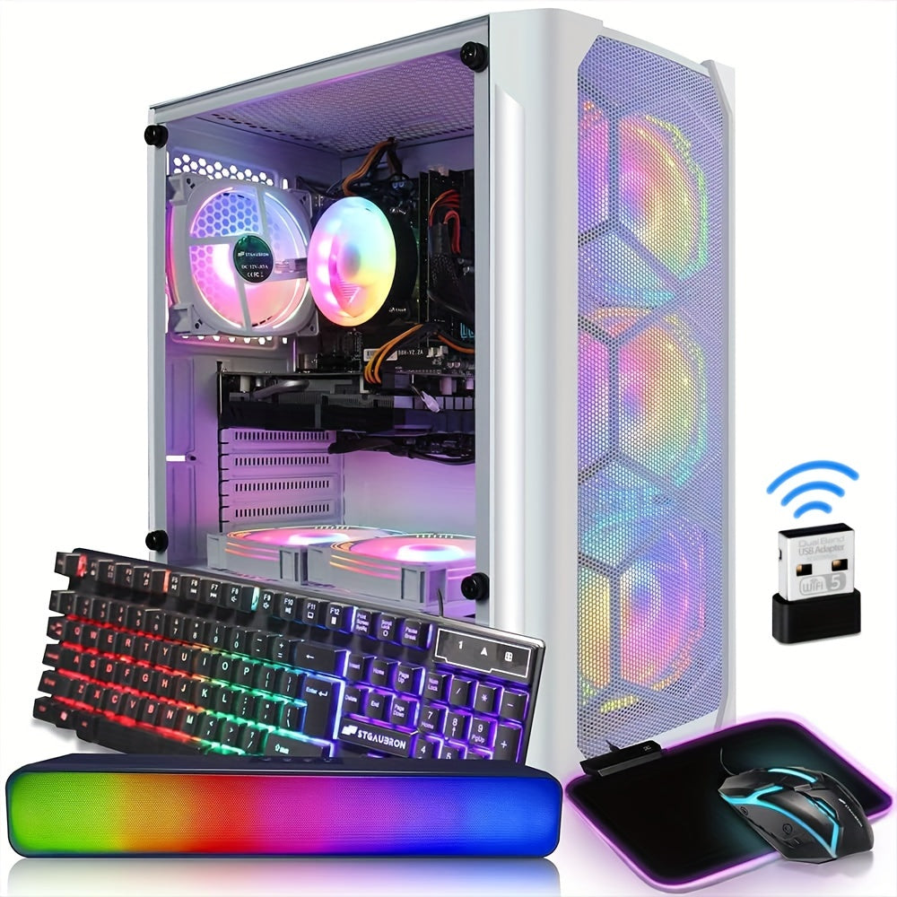STGAubron Gaming Diamond Desktop, Intel Core I7 3.4 GHz Up To 3.9 GHz, GTX 1660 Ti 6G GDDR6, 16G RAM, 512G SSD, WIFI, Wireless 5.0, RGB Fan X 6, RGB Keyboard & Mouse, RGB Mouse Pad, RGB BT Sound Bar, W10H64