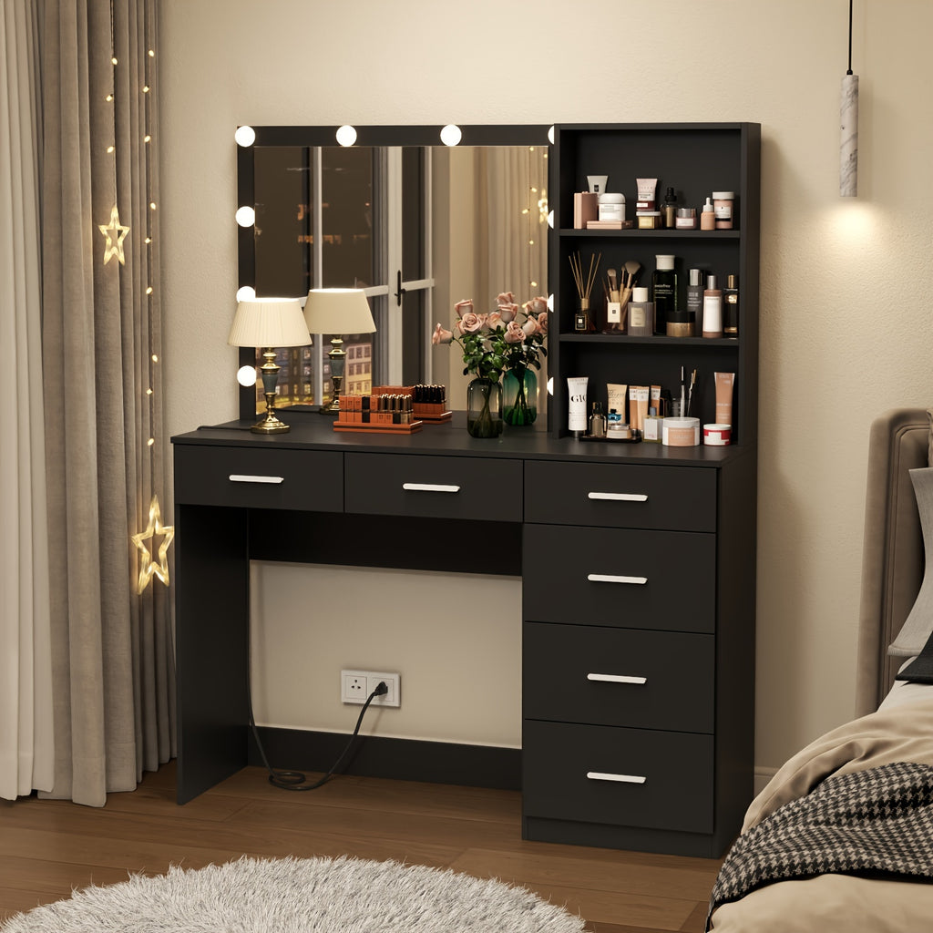Modern Vanity Desk with Storage Shelves and Mirror, 6 Drawers Makeup Vanity Table
