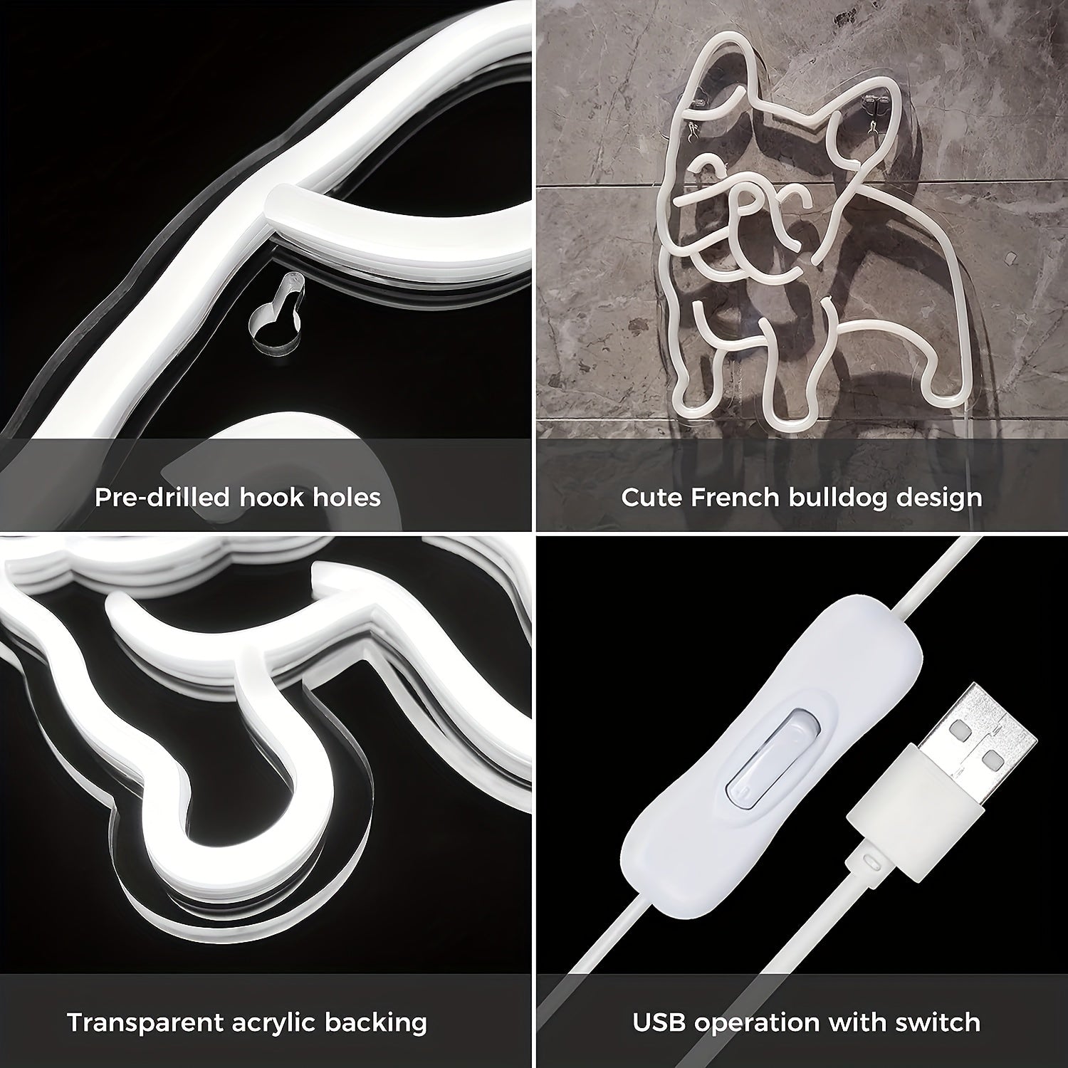 1pc French Bulldog Neon Decoration Cute Puppy Pink LED Neon Dog Night Light, USB Operation French Gift Pet Store Business Logo, Bedroom Wall Party Bulldog Gift (Pink)