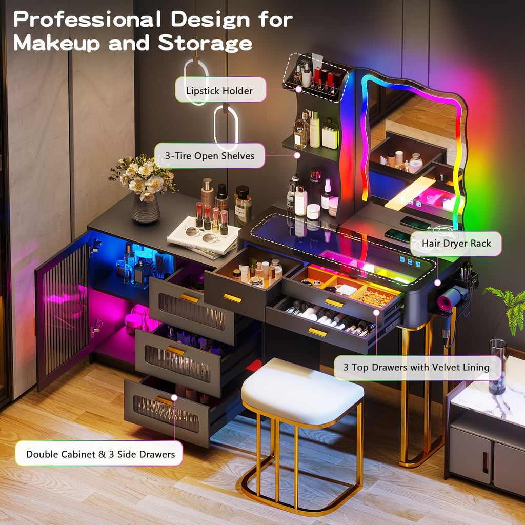 Lvifur RGB Makeup Vanity Desk with Lights, Glass Top Vanity Table with 24 Color Dimmable Lights, Large Vanity Set with 8 Drawers, Dressing Table with Cushioned Stool, Black