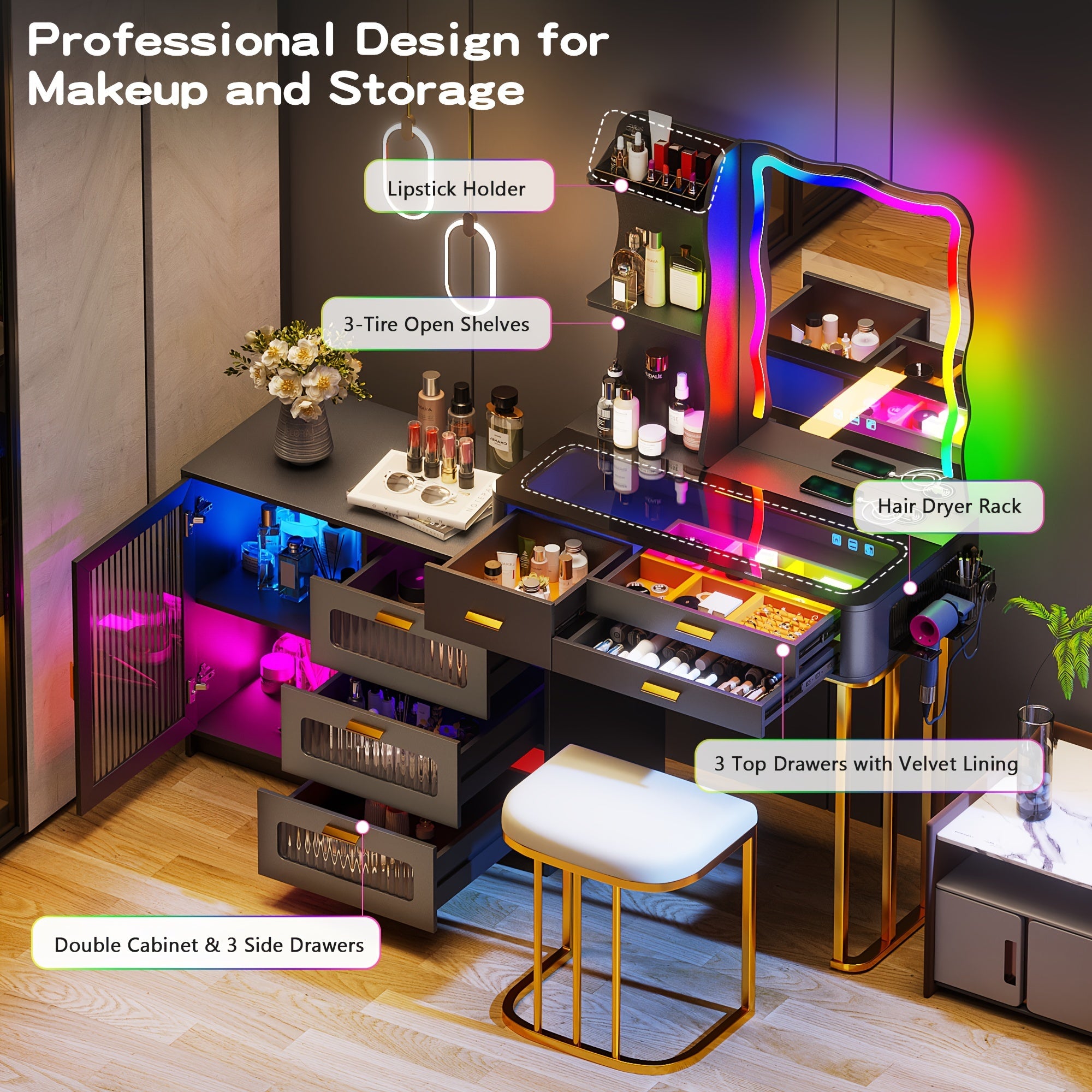 Lvifur RGB Makeup Vanity Desk with Lights, Glass Top Vanity Table with 24 Color Dimmable Lights, Large Vanity Set with 8 Drawers, Dressing Table with Cushioned Stool, Black