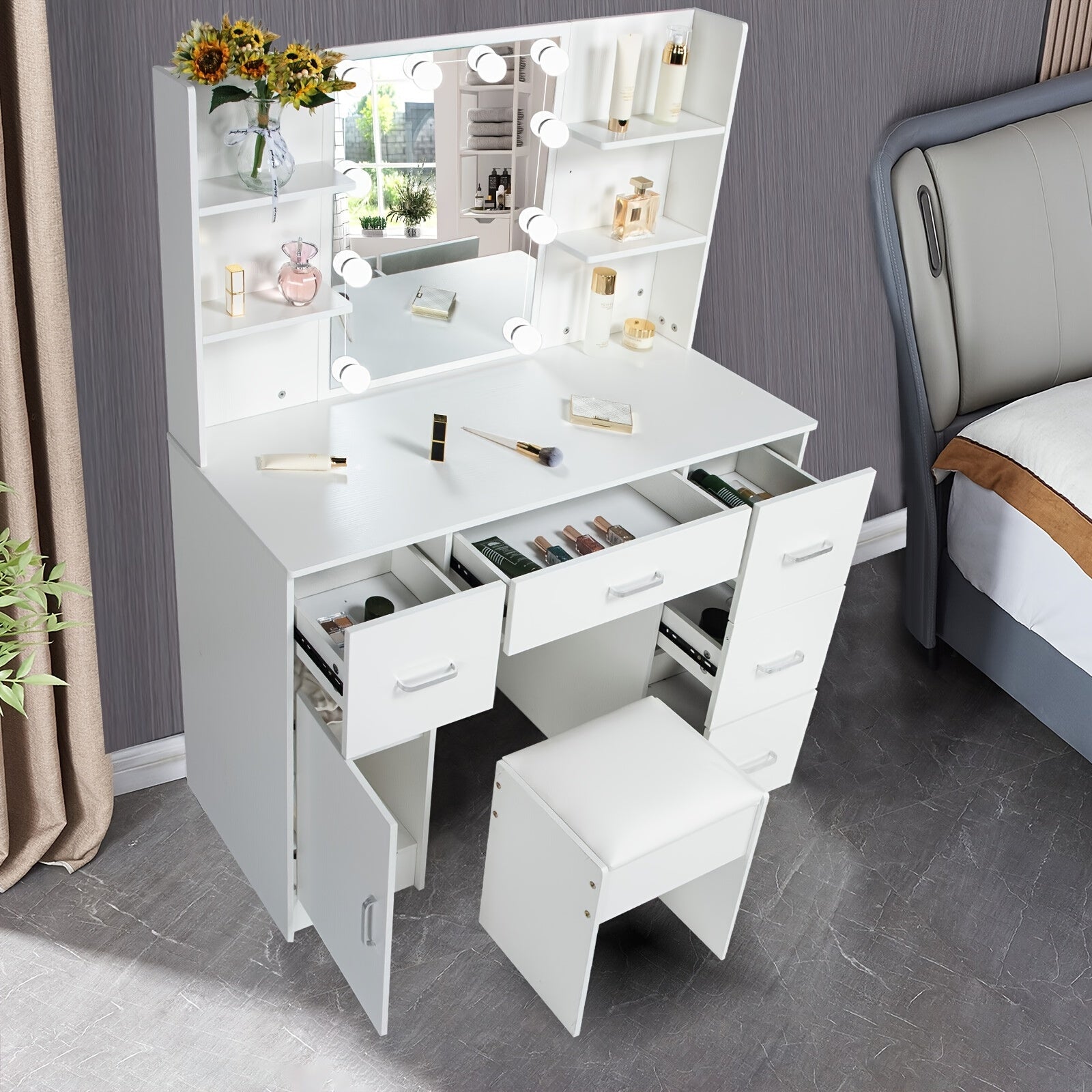 1 Set Vanity Desk With Mirror & Light, Large Makeup Vanity With Drawers And Open Shelves, Vanity Table With Cushioned Stool, 3 Lighting Colors Modern Dressing Table Vanity Set For Bedroom