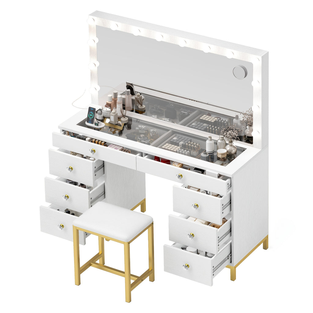 Xelsyo Vanity Table Set with 3 Color Lighted Mirror & 8 Drawers, Modern Makeup Desk with Charging Station & Stool, Makeup Vanity Dressing Table for Bedroom for Women Girls, White & Gold