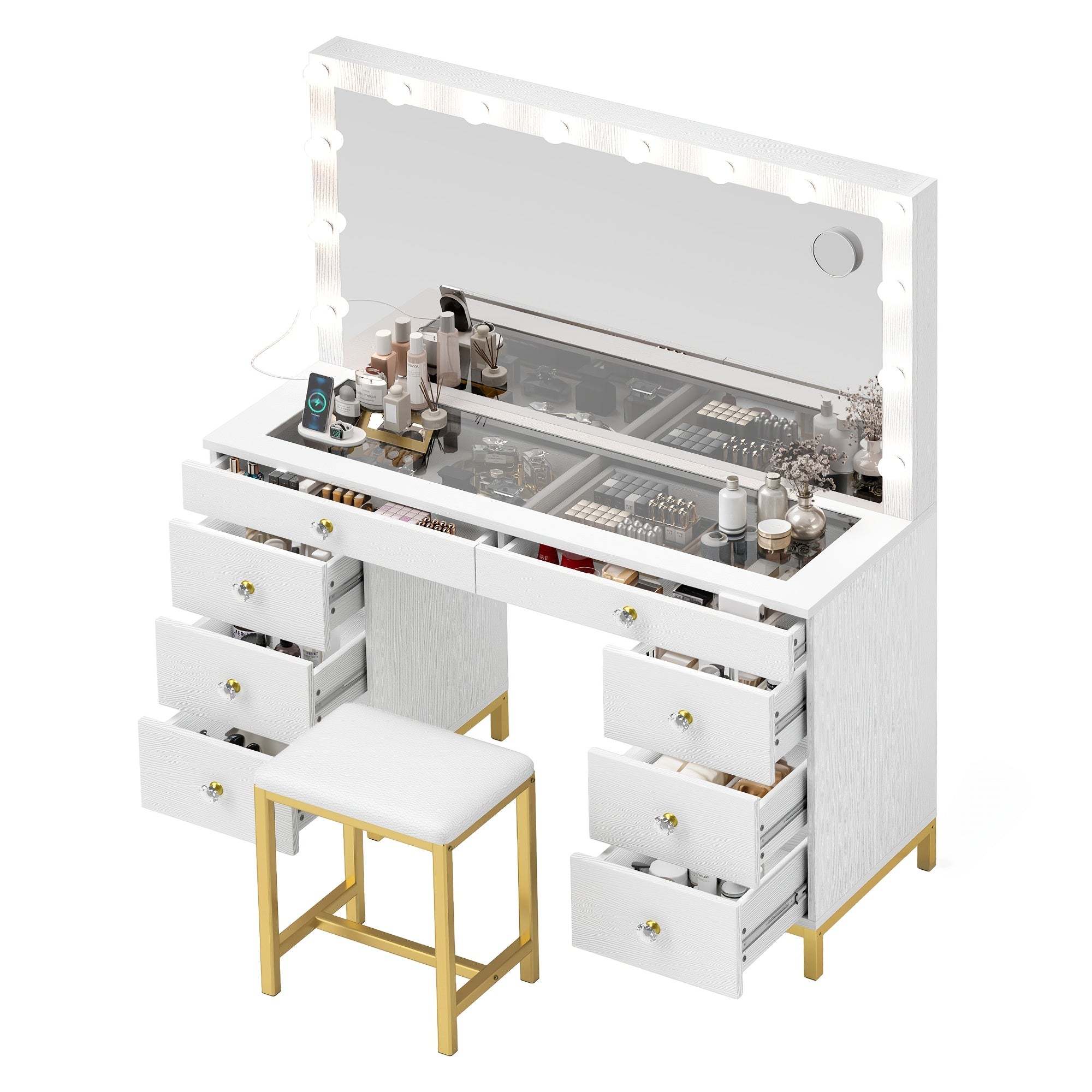 Xelsyo Vanity Table Set with 3 Color Lighted Mirror & 8 Drawers, Modern Makeup Desk with Charging Station & Stool, Makeup Vanity Dressing Table for Bedroom for Women Girls, White & Gold