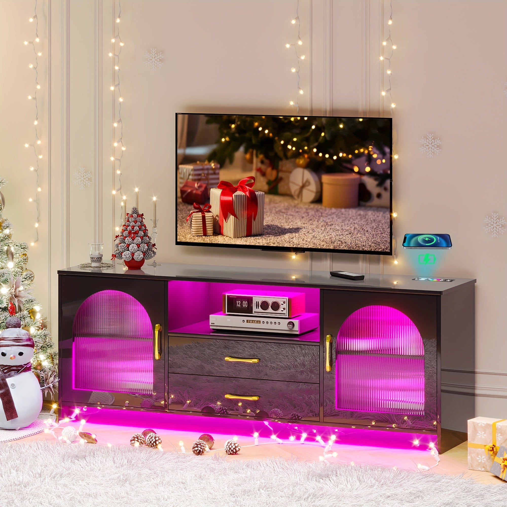 RGB TV Stand with Wireless Charging Station for TVs up to 75 Inch, Human Sensor LED TV Cabinet with USB&Type-C Ports, 24 Color Dimmable Television Stand with Drawers & Storage Cabinet