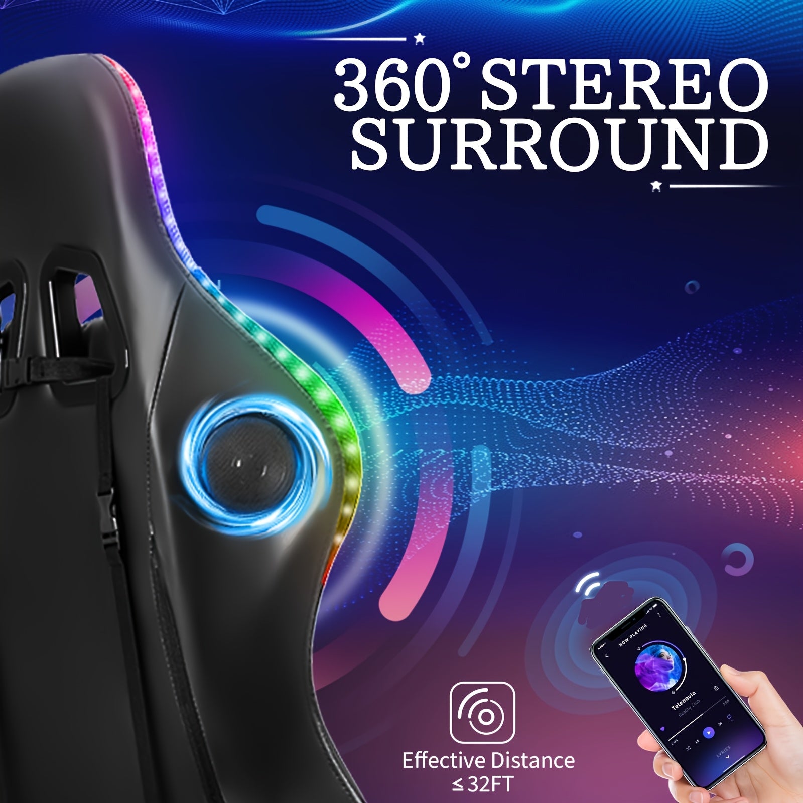 HOFFREE 2 Point Massage Lumbar Support 135° LED Light Bar Wireless Speaker - Ergonomic Gaming Chair With USB-Powered, Sponge-Filling, Rotating Back & Cushioned Seat For PC, Laptop, Gaming Setup, Wireless Gaming Chair, Comfor