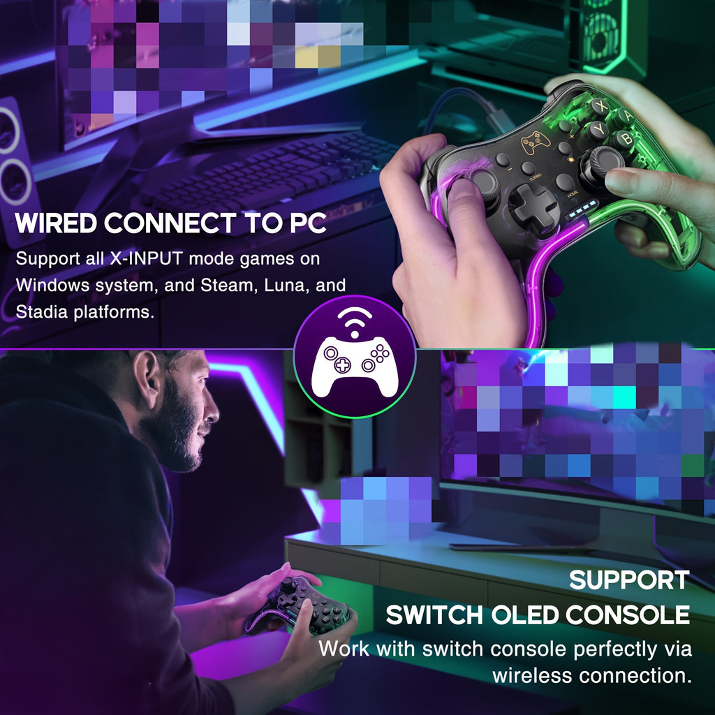 The Controller Is Compatible With Switch/Lite/OLED And PC/Android/IOS, And Comes With An RGB Breathing LED, The Controller Also Supports Remote Applications With Turbo And Wake-up Functions