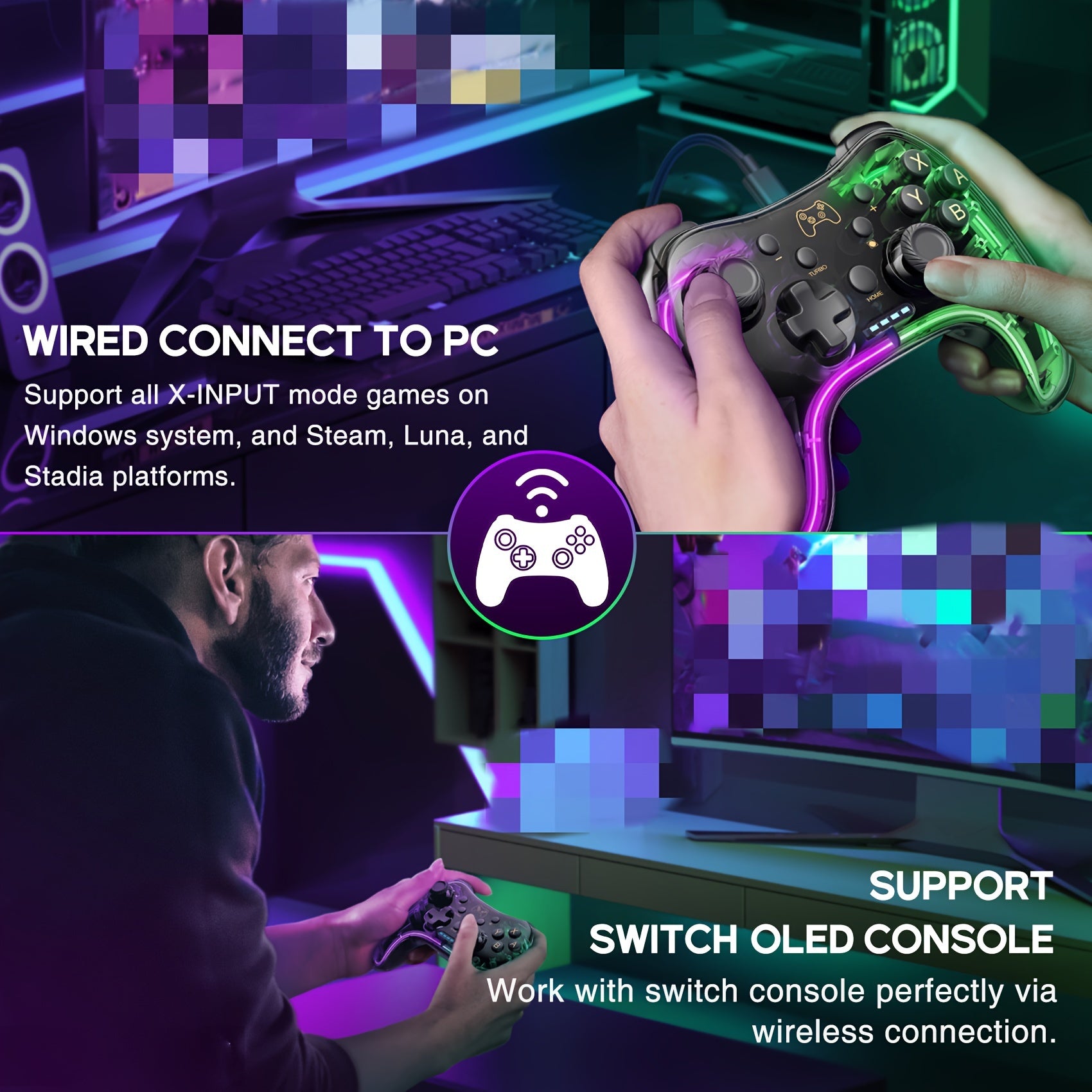 The Controller Is Compatible With Switch/Lite/OLED And PC/Android/IOS, And Comes With An RGB Breathing LED, The Controller Also Supports Remote Applications With Turbo And Wake-up Functions
