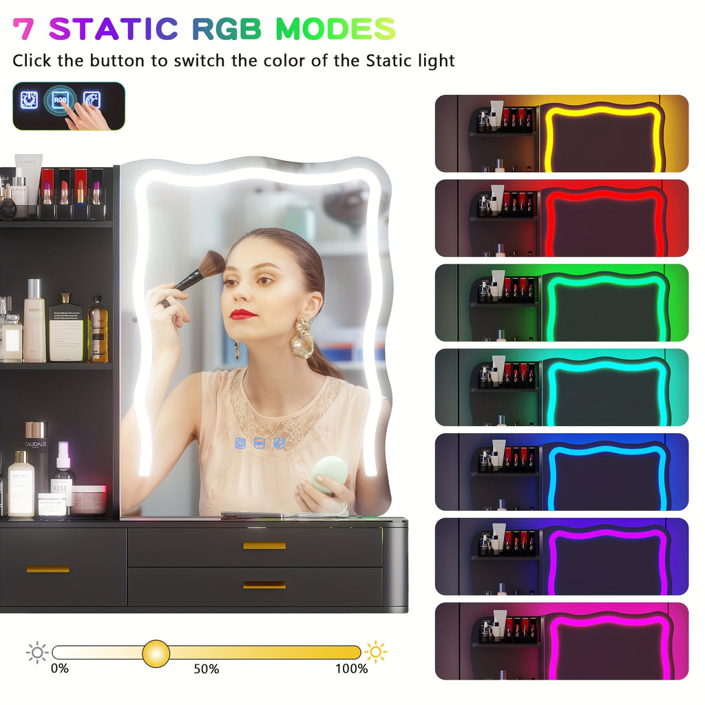 Lvifur RGB Makeup Vanity Desk with Lights, Glass Top Vanity Table with 24 Color Dimmable Lights, Large Vanity Set with 8 Drawers, Dressing Table with Cushioned Stool, Black