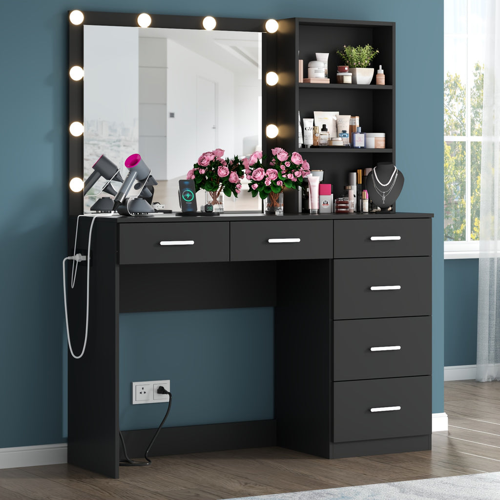 Vanity Desk with Lights, 6-Drawers Makeup Vanity Table with  Socket Outlet and Storage Shelves, Dressing Table with Lighted Mirror for Women Girls