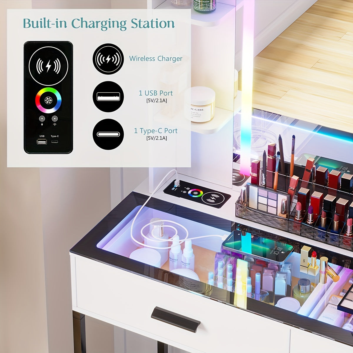 Vanity Desk Set with 6 Drawers and Stool - Makeup Vanity Table with Dazzling RGB Lights, Glass Top, USB/Type-C/Wireless Charging, and Large Mirror - Perfect Gift for Girls and Women, Jewelry and Beauty Enthusiasts