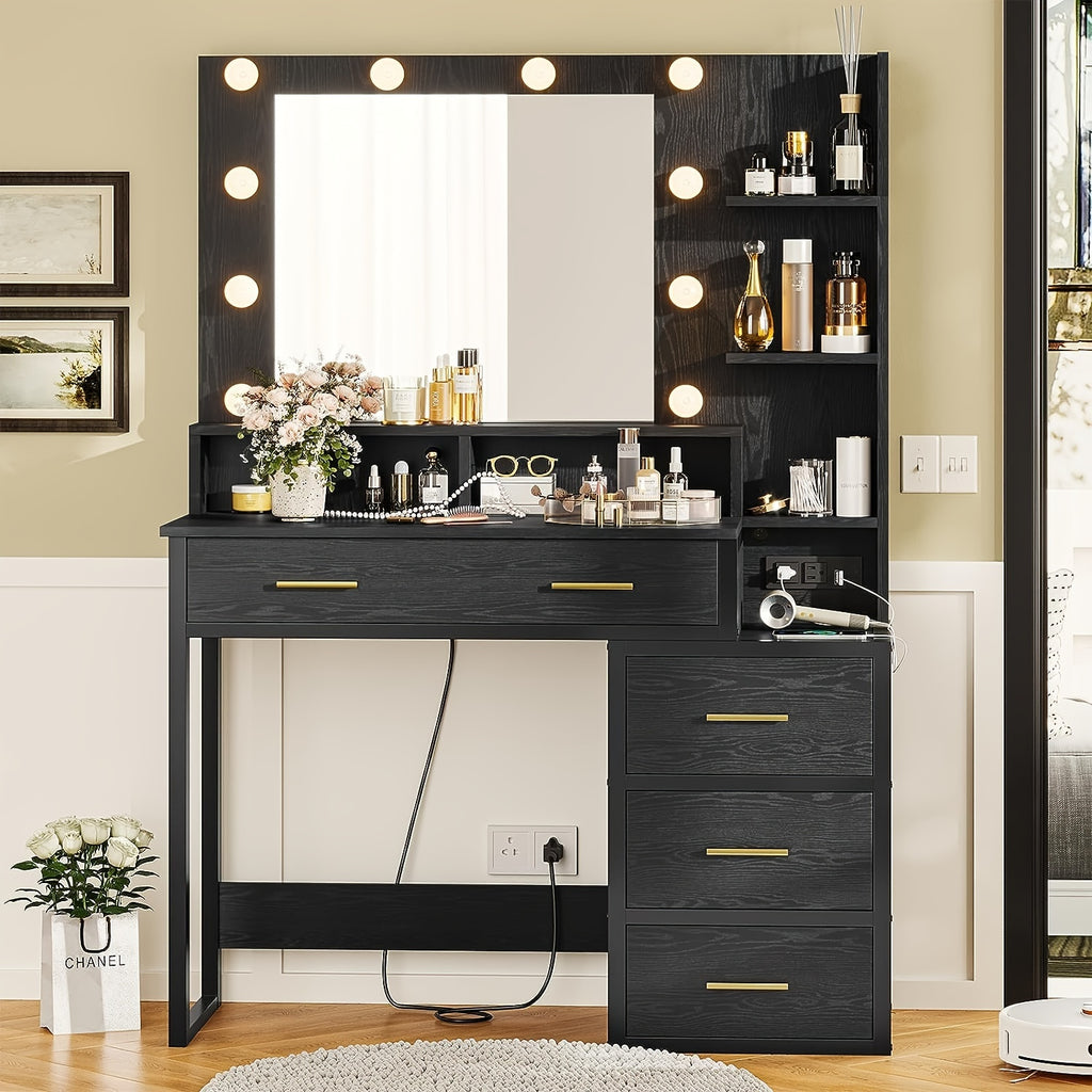 Luxurious Black Makeup Vanity Table with Storage - 3 Lighting Modes, USB Ports, Outlets, and Spacious Drawers - Perfect for Beauty Enthusiasts and Professionals