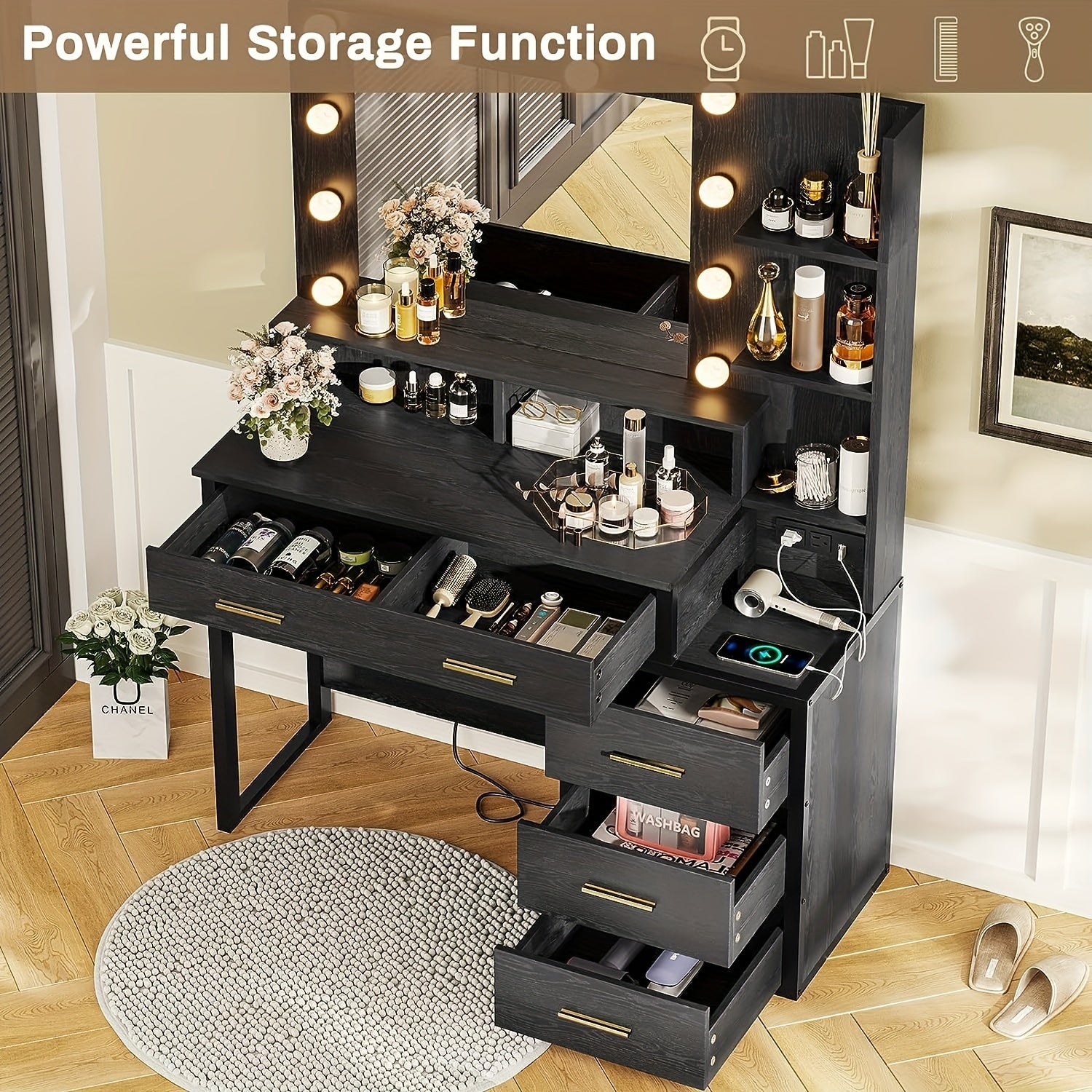 Luxurious Black Makeup Vanity Table with Storage - 3 Lighting Modes, USB Ports, Outlets, and Spacious Drawers - Perfect for Beauty Enthusiasts and Professionals