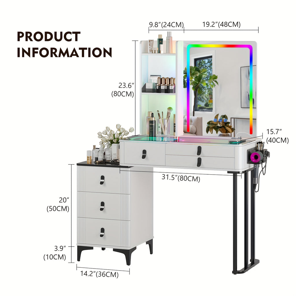 RGB Makeup Vanity Desk with Mirror and Lights, 7 Dynamic&7 Static Dimmable Vanity Table Set with Wireless Charging Station, Make up Vanity with Stool, Glass Top, 3-Tier Shelf, 6 Drawers