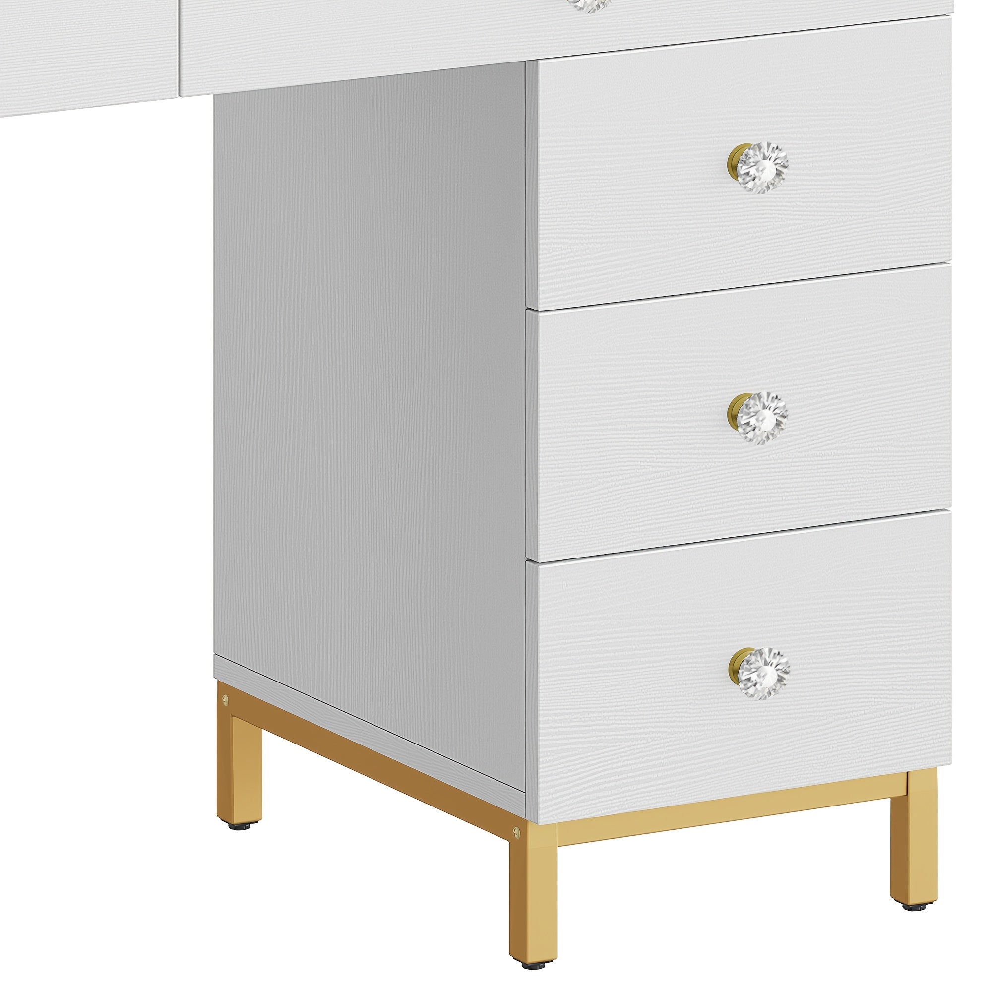 Xelsyo Vanity Table Set with 3 Color Lighted Mirror & 8 Drawers, Modern Makeup Desk with Charging Station & Stool, Makeup Vanity Dressing Table for Bedroom for Women Girls, White & Gold