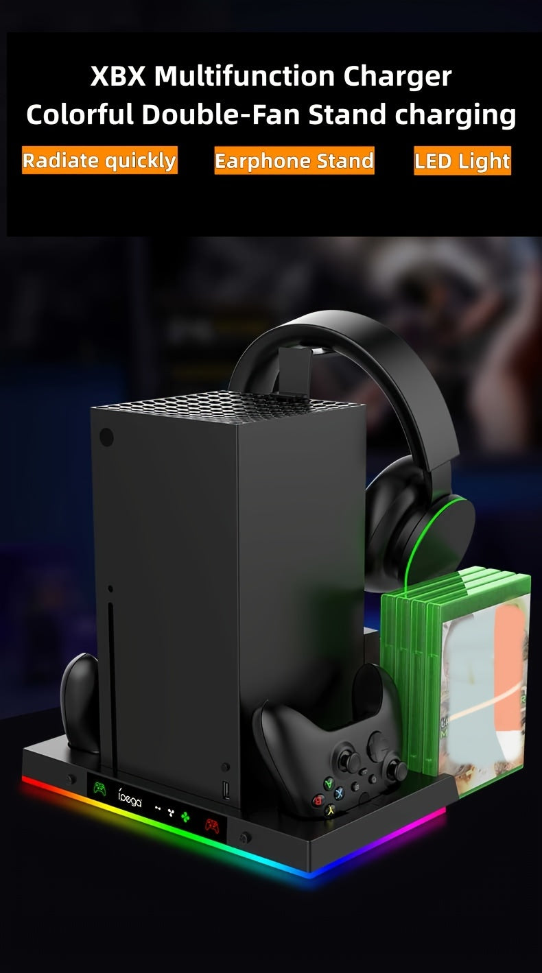 For Xbox Series X Cooling Stand Controller Gamepad Charge Seat For XBX With Headphone Hook And Game Discs Card Slot RGB Light Double Fan