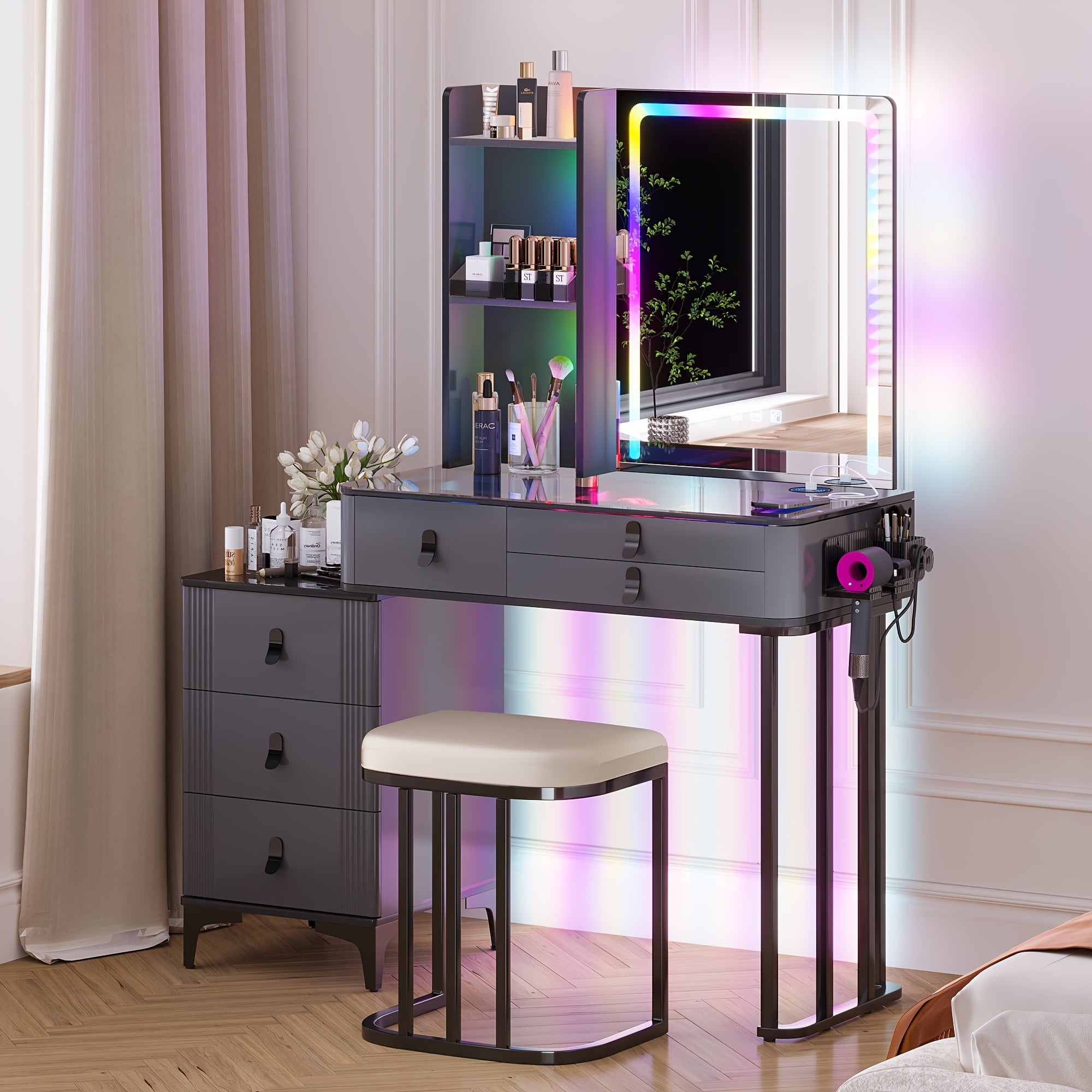 RGB Makeup Vanity Desk with Mirror and Lights, 7 Dynamic&7 Static Dimmable Vanity Table Set with Wireless Charging Station, Make up Vanity with Stool, Glass Top, 3-Tier Shelf, 6 Drawers