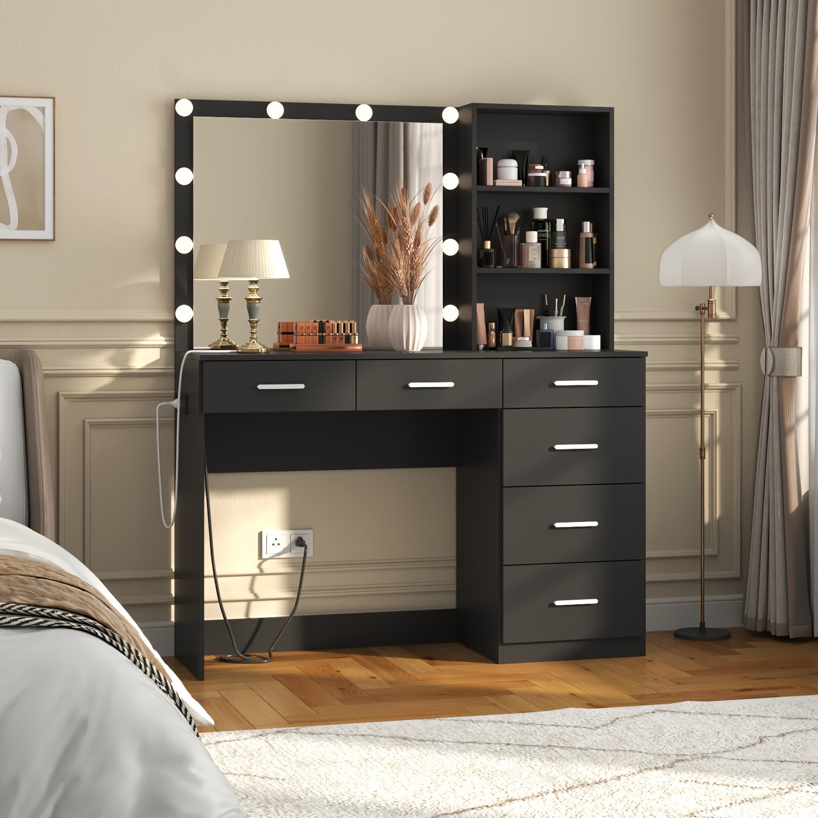 Modern Vanity Desk with Storage Shelves and Mirror, 6 Drawers Makeup Vanity Table