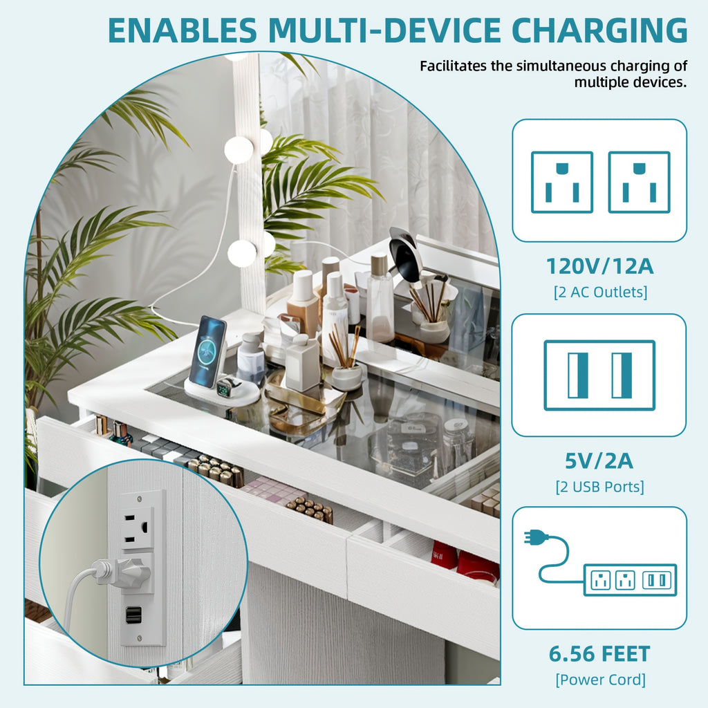Xelsyo Vanity Table Set with 3 Color Lighted Mirror & 8 Drawers, Modern Makeup Desk with Charging Station & Stool, Makeup Vanity Dressing Table for Bedroom for Women Girls, White & Gold