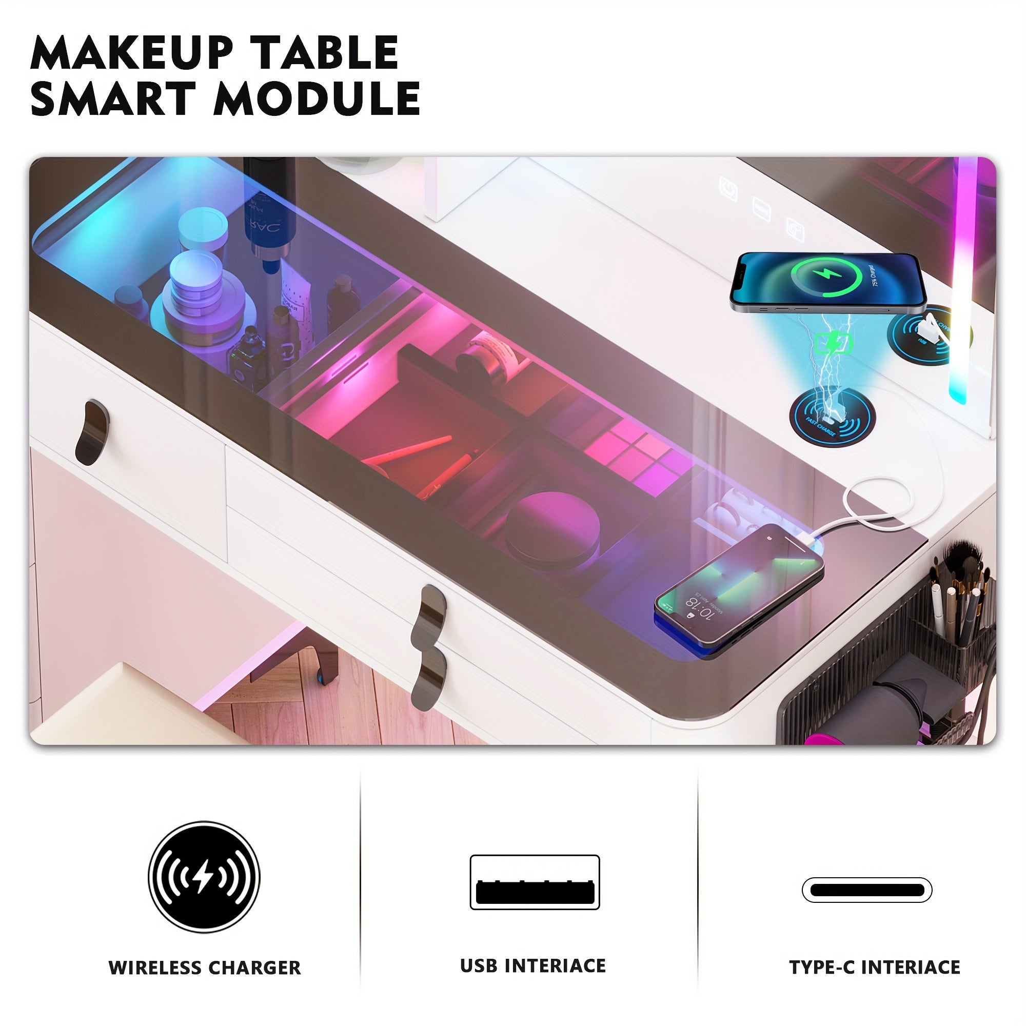 RGB Makeup Vanity Desk with Mirror and Lights, 7 Dynamic&7 Static Dimmable Vanity Table Set with Wireless Charging Station, Make up Vanity with Stool, Glass Top, 3-Tier Shelf, 6 Drawers